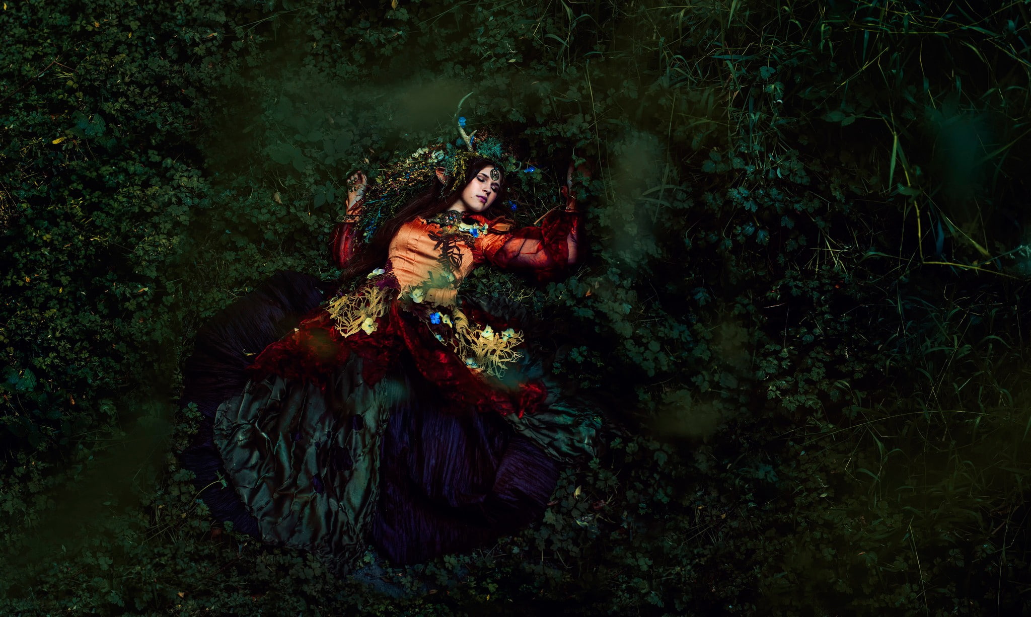 women, 1080P, one person, traditional clothing, outdoors, fantasy girl, plant, adult, nature, costume, closed eyes, stage costume, looking at camera, mid adult, HD Wallpaper