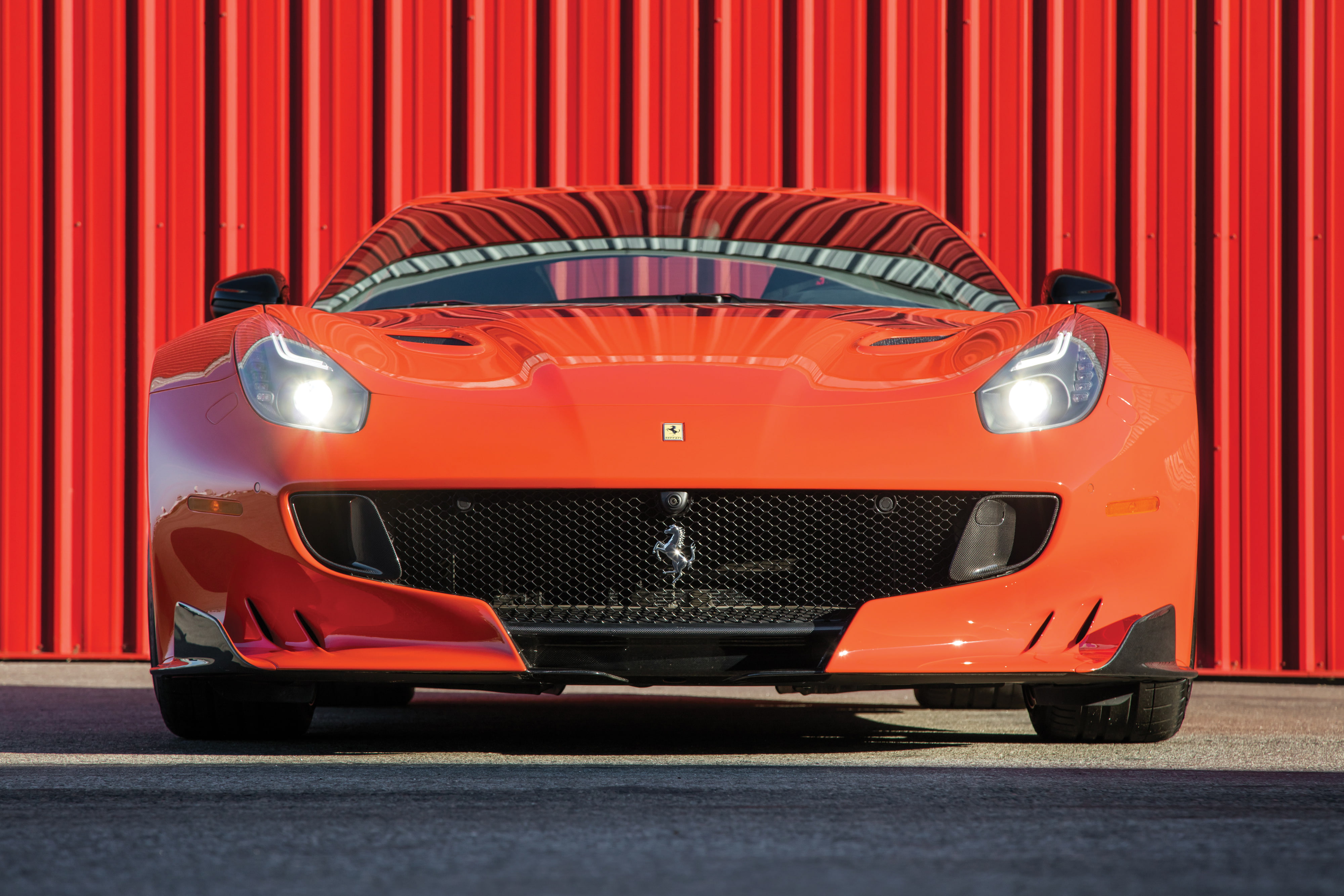 outdoors, car, 4K, street, stationary, transportation, 4K, metal, land vehicle, orange color, stage, motor vehicle, no people, red, front view, lighting equipment, HD Wallpaper