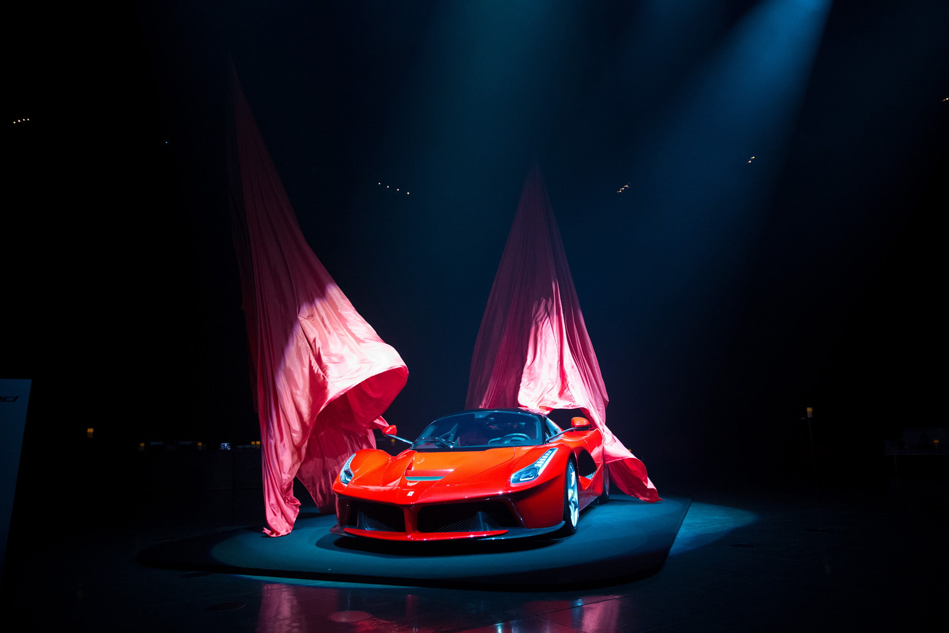 red, sport, illuminated, light - natural phenomenon, debut, stage, land vehicle, japanese, speed, ferrari, mode of transportation, 1080P, indoors, arts culture and entertainment, HD Wallpaper