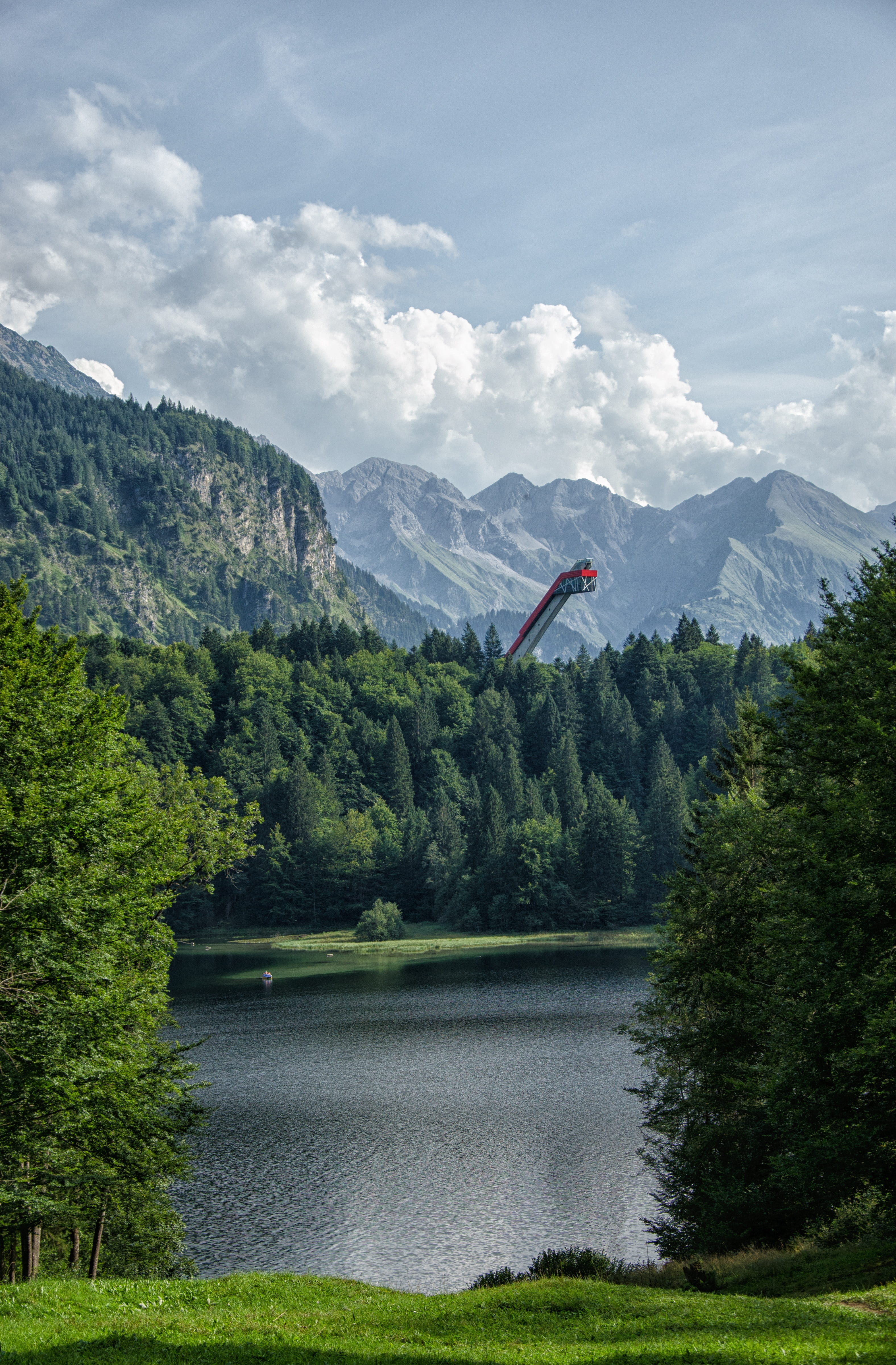 scenics - nature, forest, tree, mountains, no people, non-urban scene, flag, allgäu, ski jump, trees, bavaria, oberstdorf, mountain, beauty in nature, day, Phone HD Wallpaper