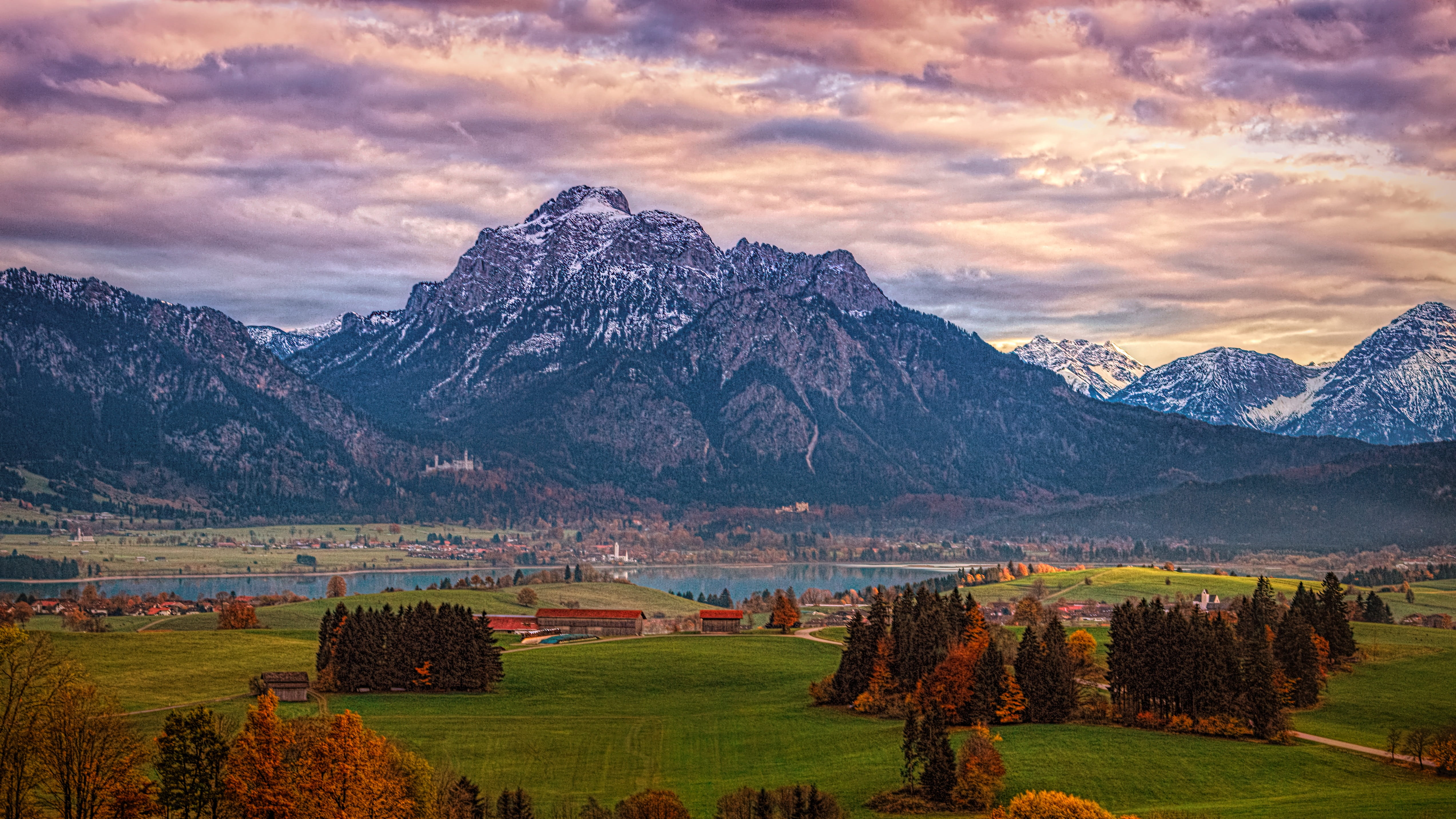scenics - nature, sky, field, 4K, lake, twilight, fields, clouds, tranquility, mountain, cloud - sky, snowcapped mountain, no people, land, lake forggensee, HD Wallpaper