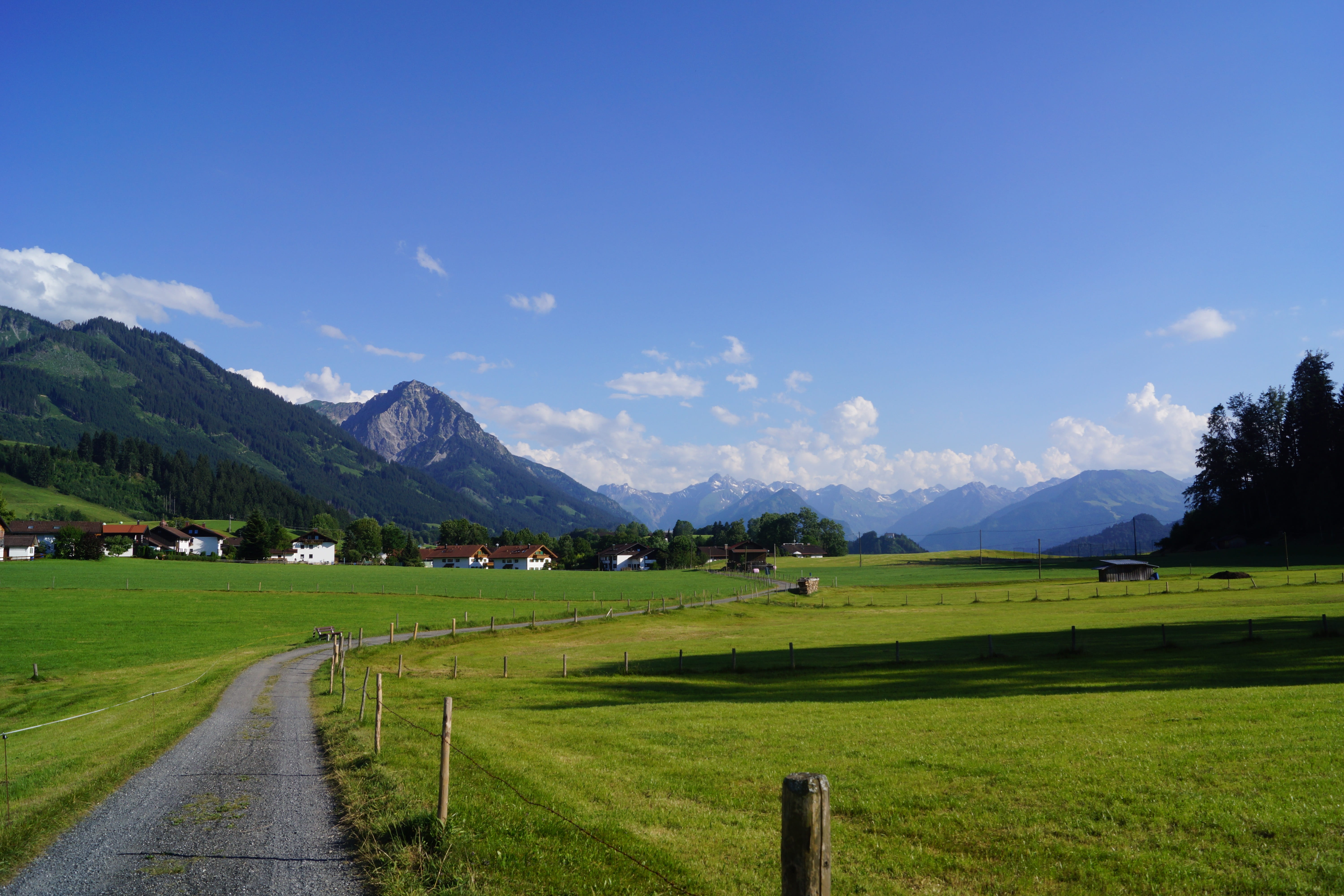 allgäu alps, alpine, tranquil scene, no people, fields, tranquility, road, meadow, hiking, landscape, outdoors, cloud - sky, mountains, blue sky, blue, HD Wallpaper