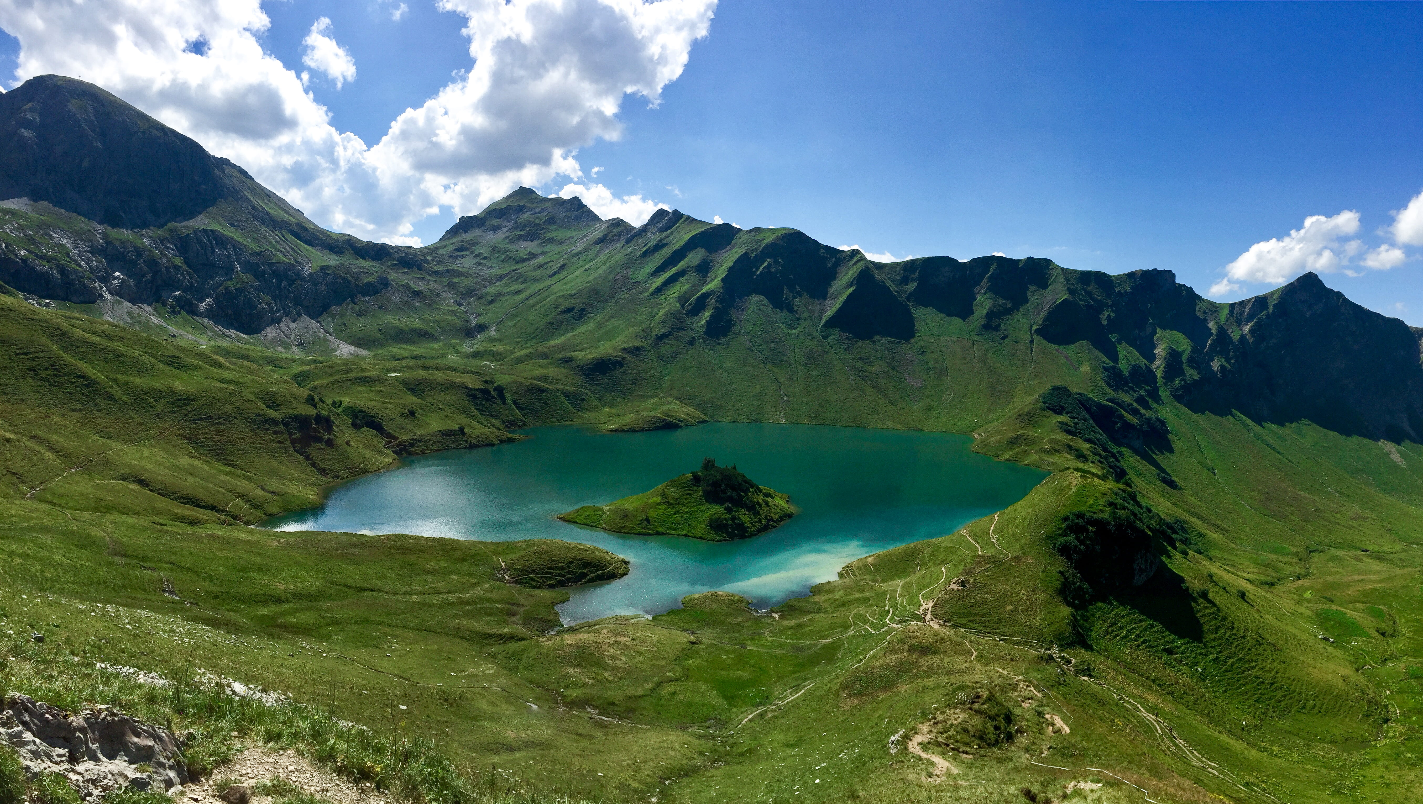 outdoors, lake, island, land, plant, nature, day, allgäu, mountains, landscape, water, 5K, tranquility, germany, tranquil scene, green color, schrecksee, HD Wallpaper