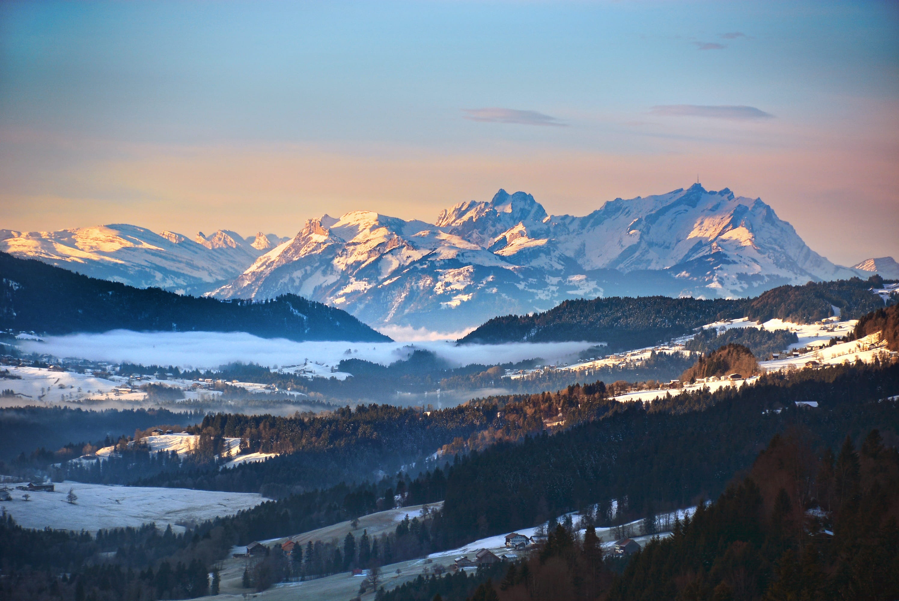 Alps, alpine, 2K, cold temperature, oberallgäu, Germany, winter, forest, mountain peak, sunset, landscape, no people, outlook, mountain range, panorama, HD Wallpaper