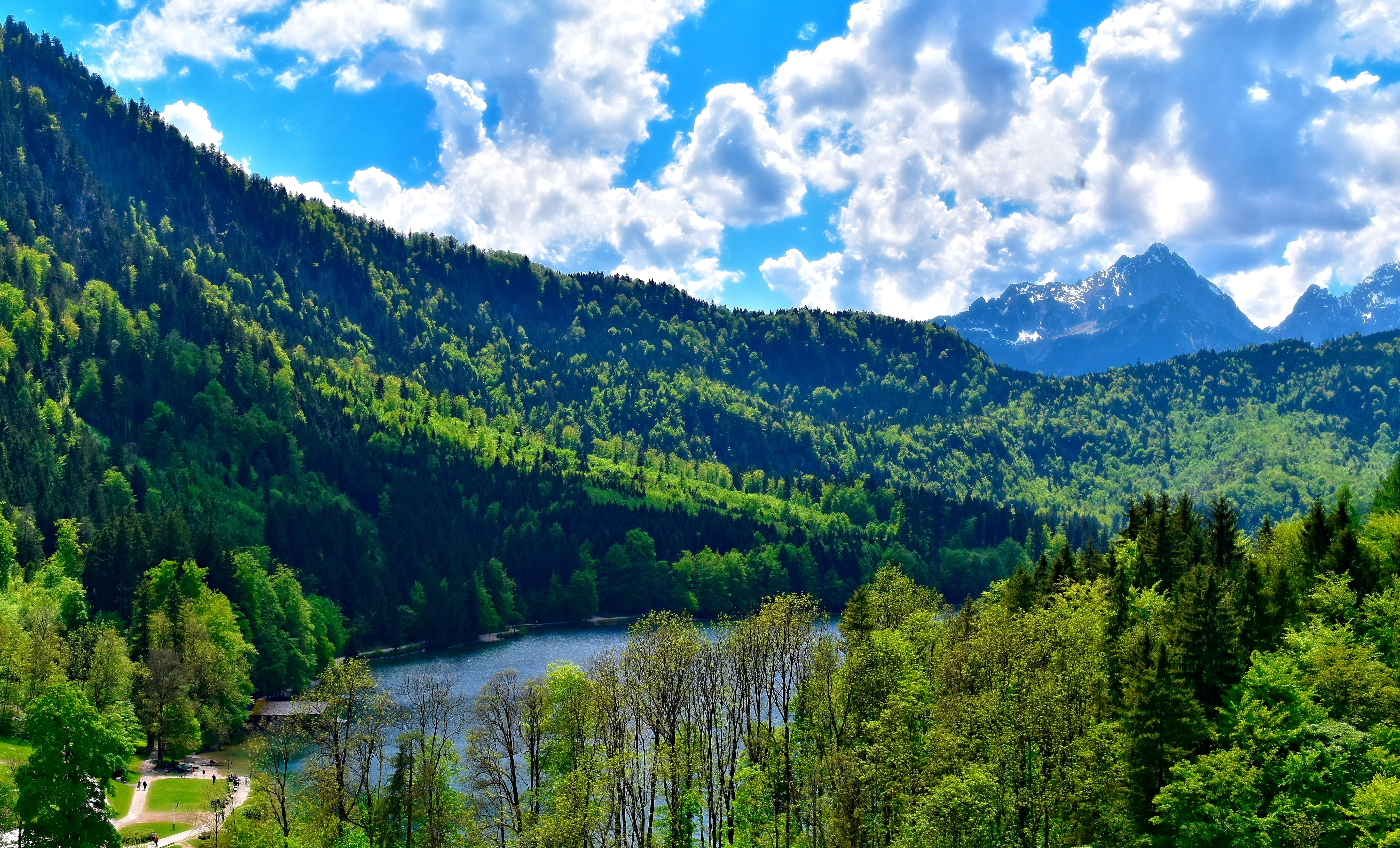 non-urban scene, tree, beauty in nature, clouds, river, mountain, lake, füssen, green color, tranquility, idyllic, scenics - nature, hill, cloud - sky, HD Wallpaper