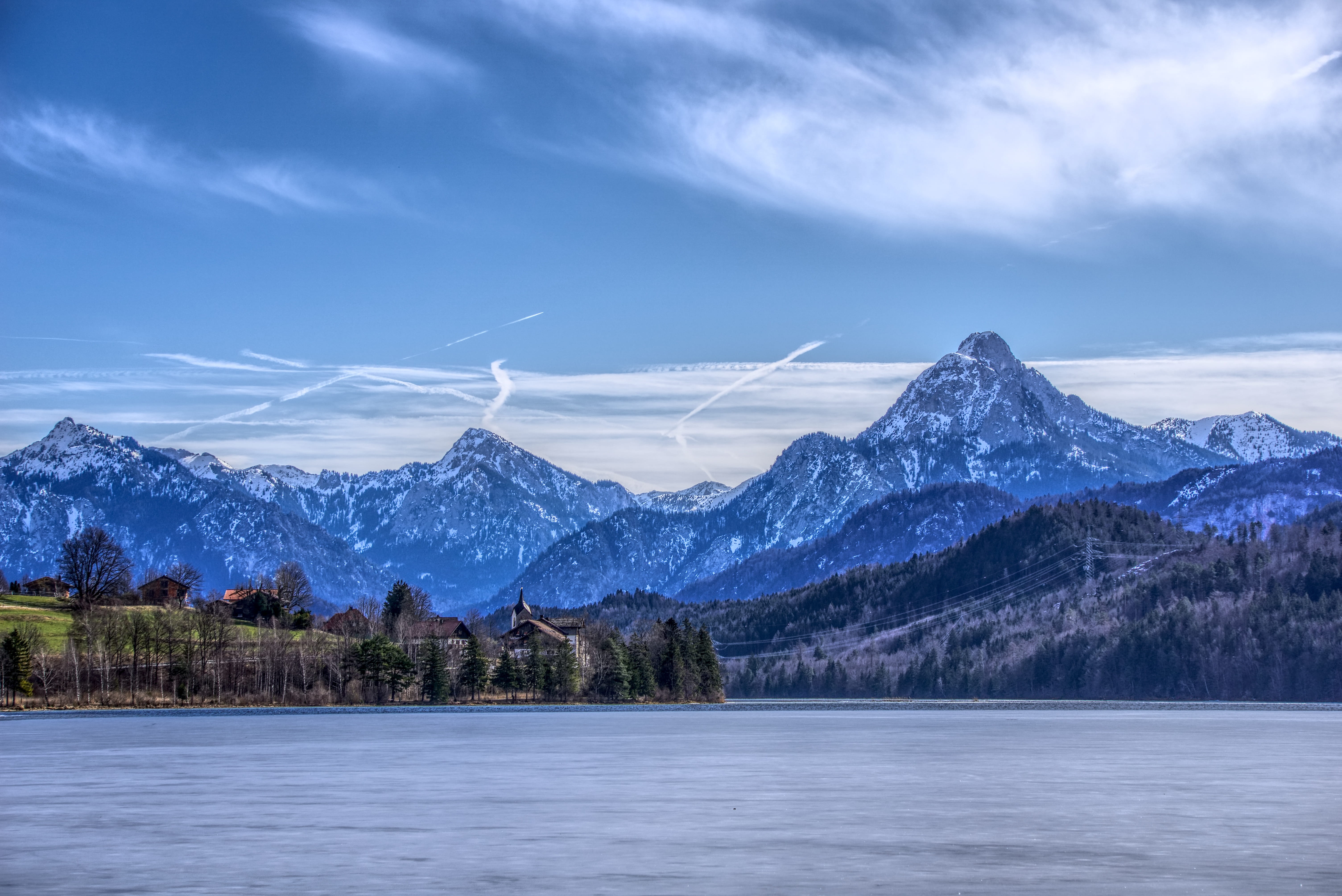 cloud - sky, village, snow, mountains, water, 5K, idyllic, houses, nature, cold, frozen, sky, contrast, hdr, mountain, cold temperature, tree, plant, beauty in nature, HD Wallpaper