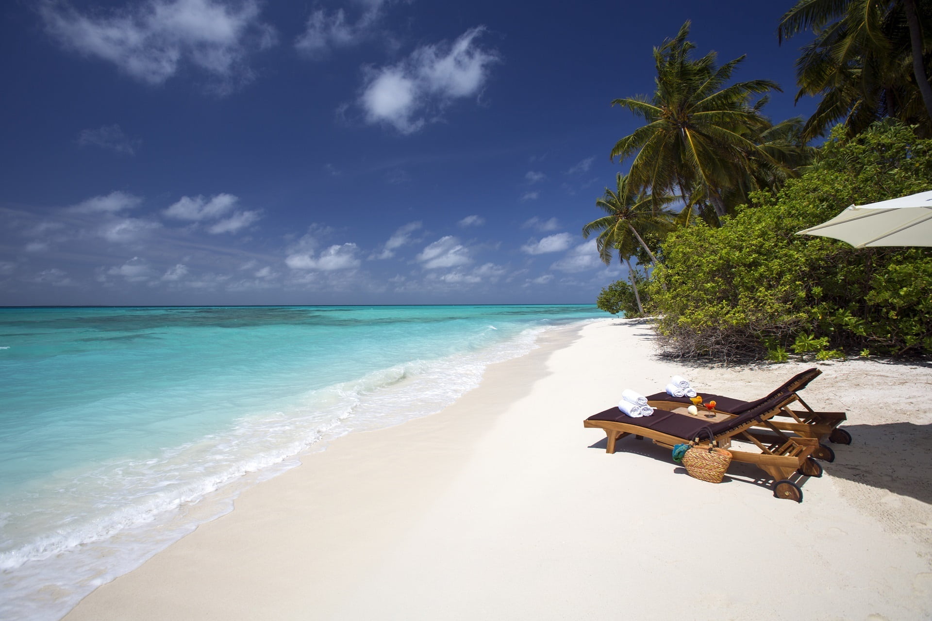 beds, sand, tree, sea, relaxation, sunlight, beauty in nature, coconut palm tree, blue, tropical Climate, water, coastline, loungers, trip, luxury, getaway, HD Wallpaper