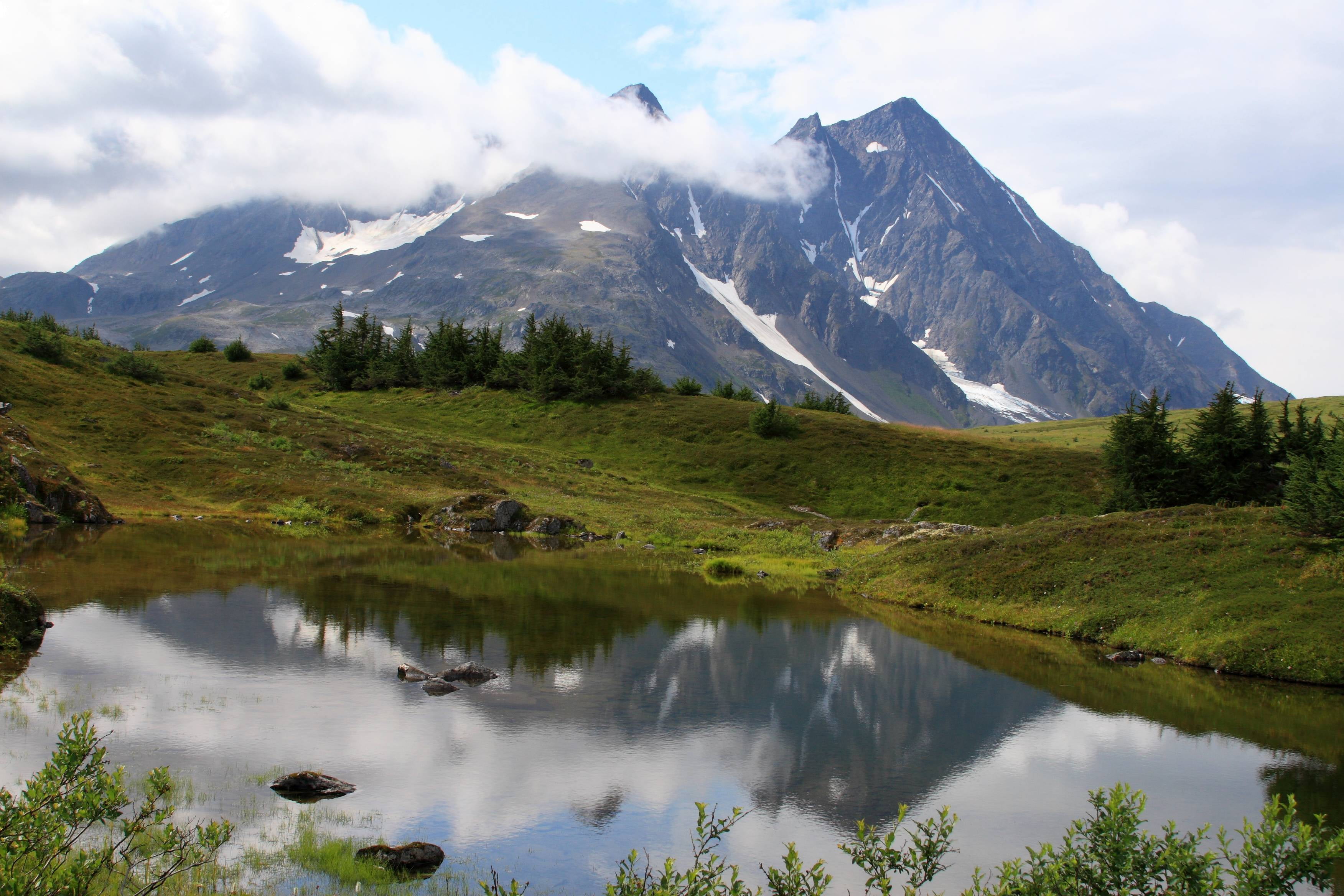 lake, mountain, scenics, 2K, white, Hiking, Clouds, Travel, Seward  Mountains, Lake  mountain, body, body of water, Lakes, lost, Landscape, summer, Nature, HD Wallpaper