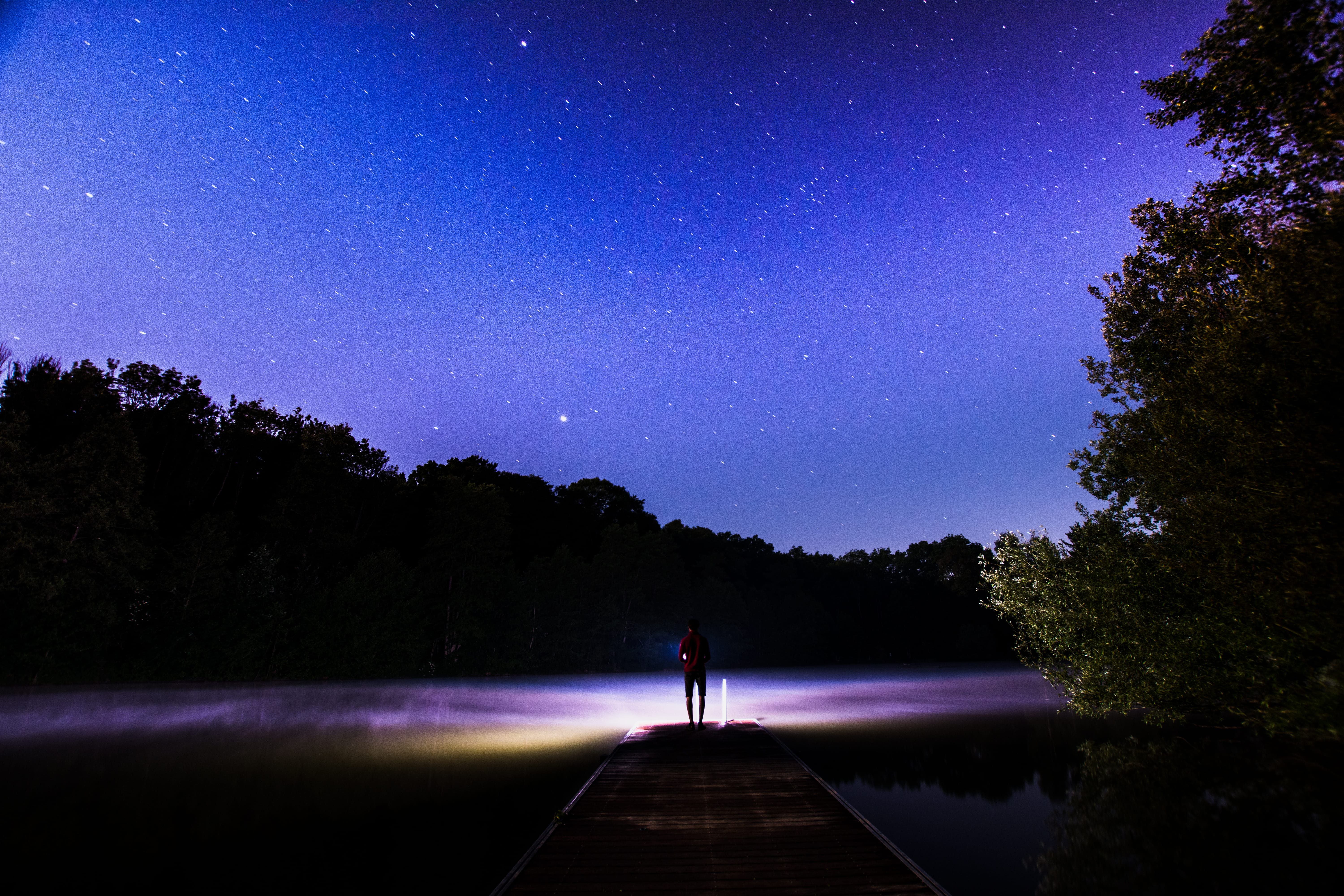 water, dark, astronomy, facing, lake, beauty in nature, outdoors, tree, star field, standing, sky, space and astronomy, plant, tranquility, illuminated, HD Wallpaper