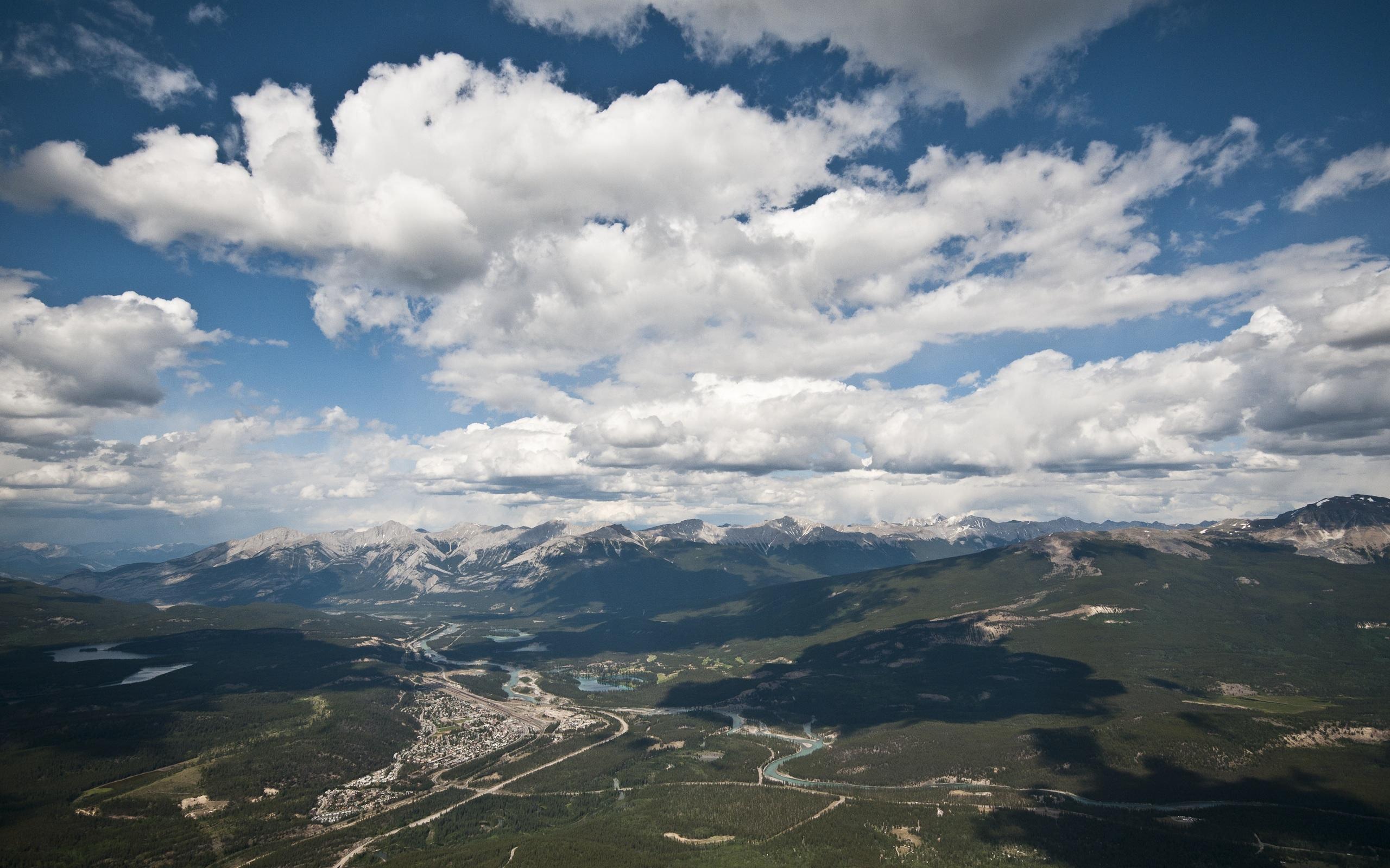 nature, form, panorama, jasper, town, blue, 2K, 3d and abstract, mt, valley, whistler, clouds, mountains, beautiful, HD Wallpaper