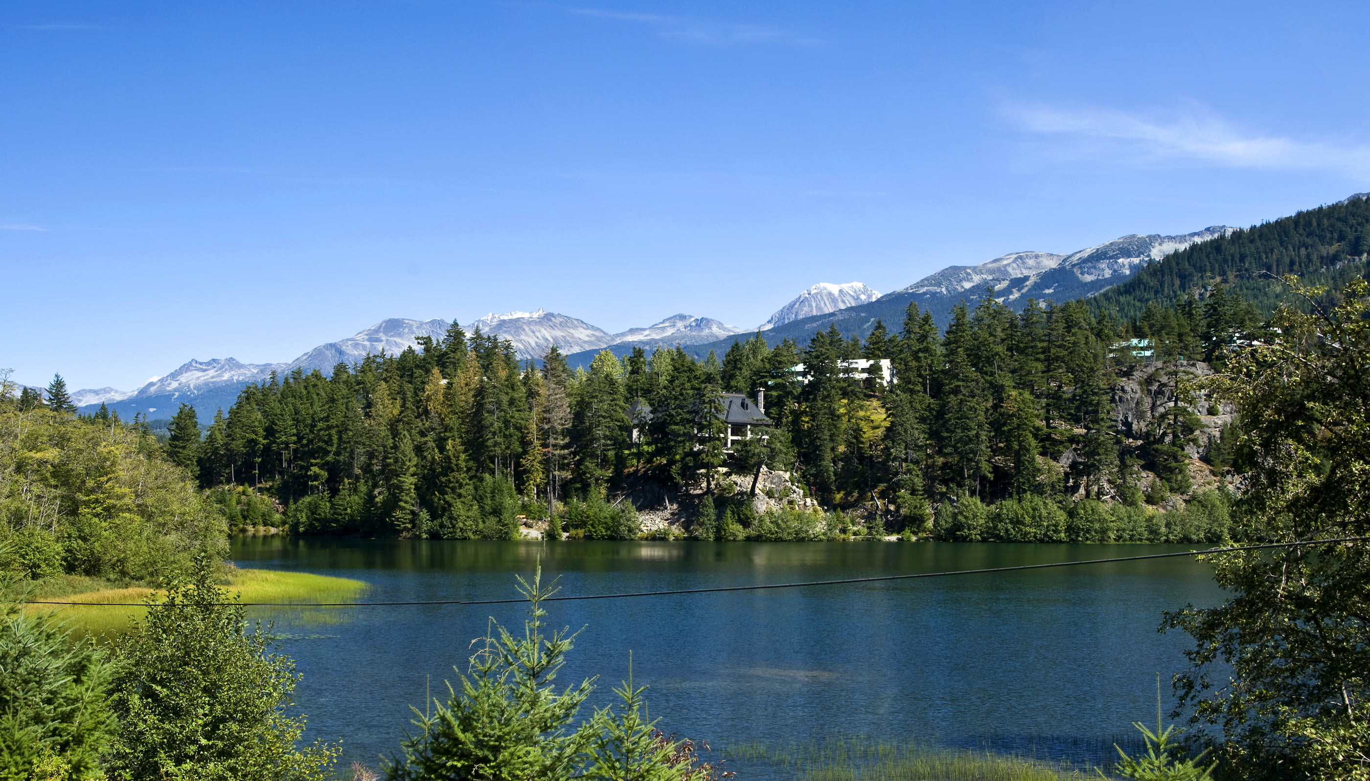 outdoors, idyllic, sky, beauty in nature, green color, houses, Canada, rocks, forest, lake, scenics - nature, no people, coniferous tree, Lake Whistler, HD Wallpaper