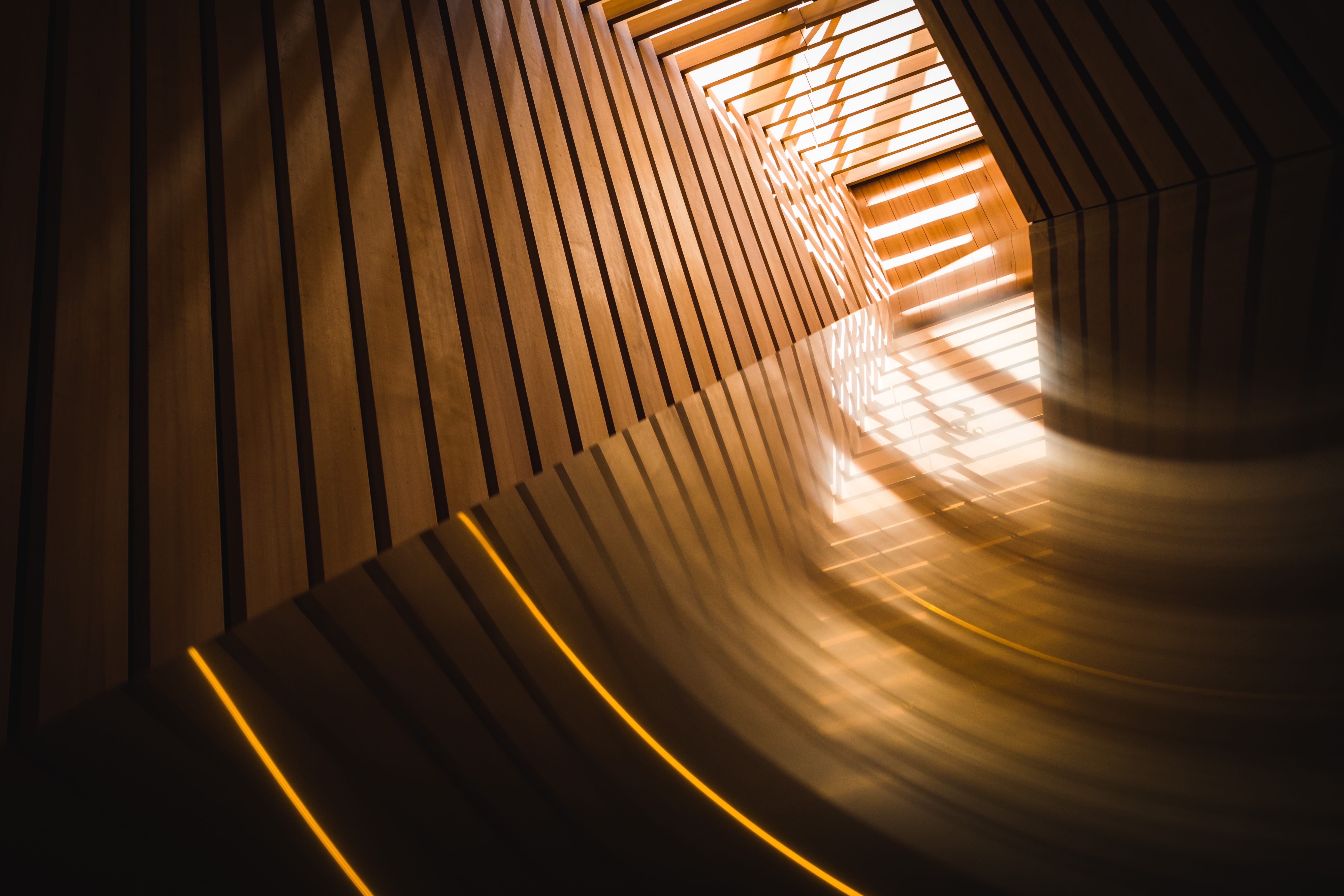 reflection, industry, technology, boards, metal, motion, untitled, 5K, shape, brown, modern, no people, sunlight, wooden, wall - building feature, in a row, HD Wallpaper