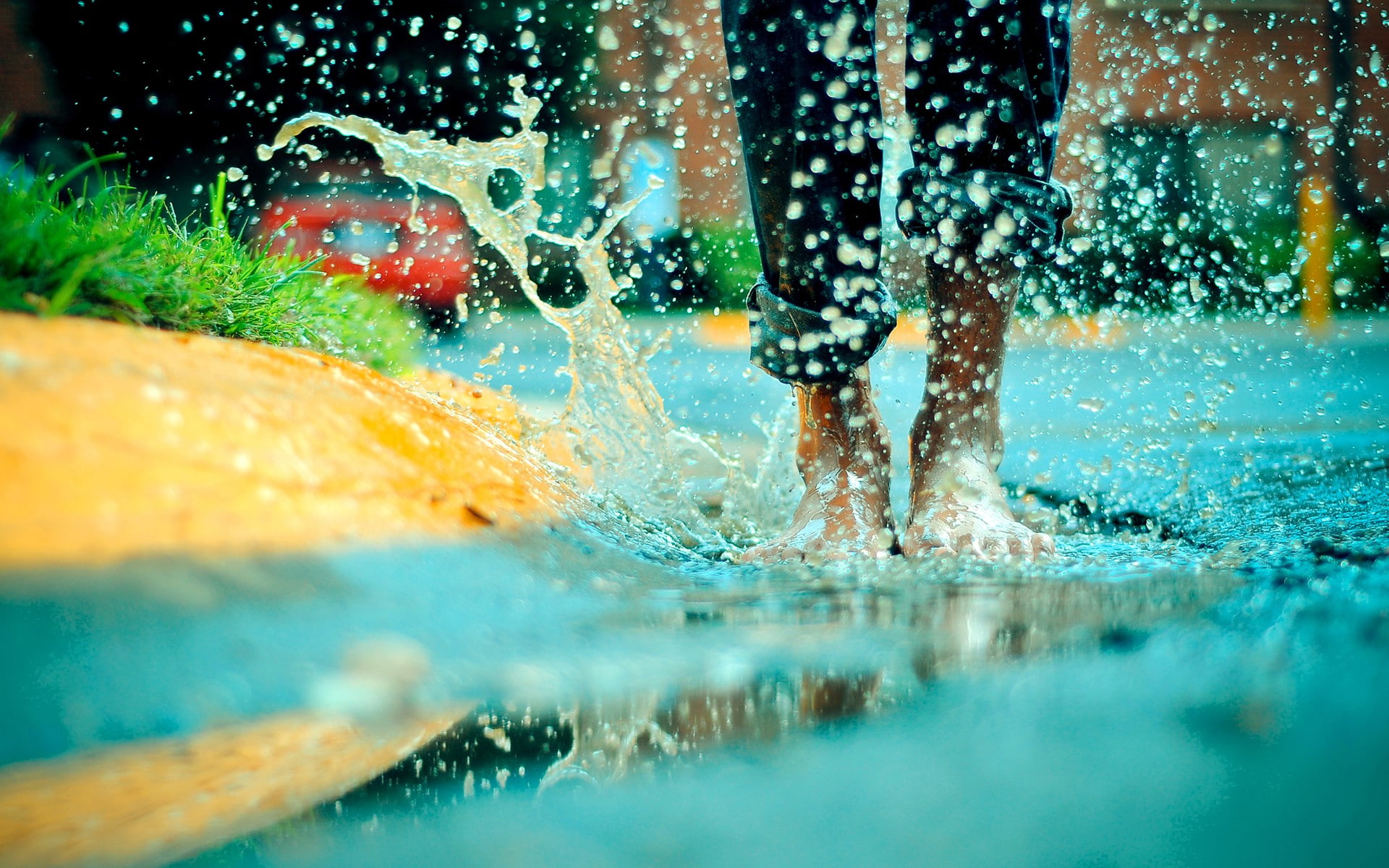 1080P, legs, barefoot, splashes, puddle, water drops, HD Wallpaper