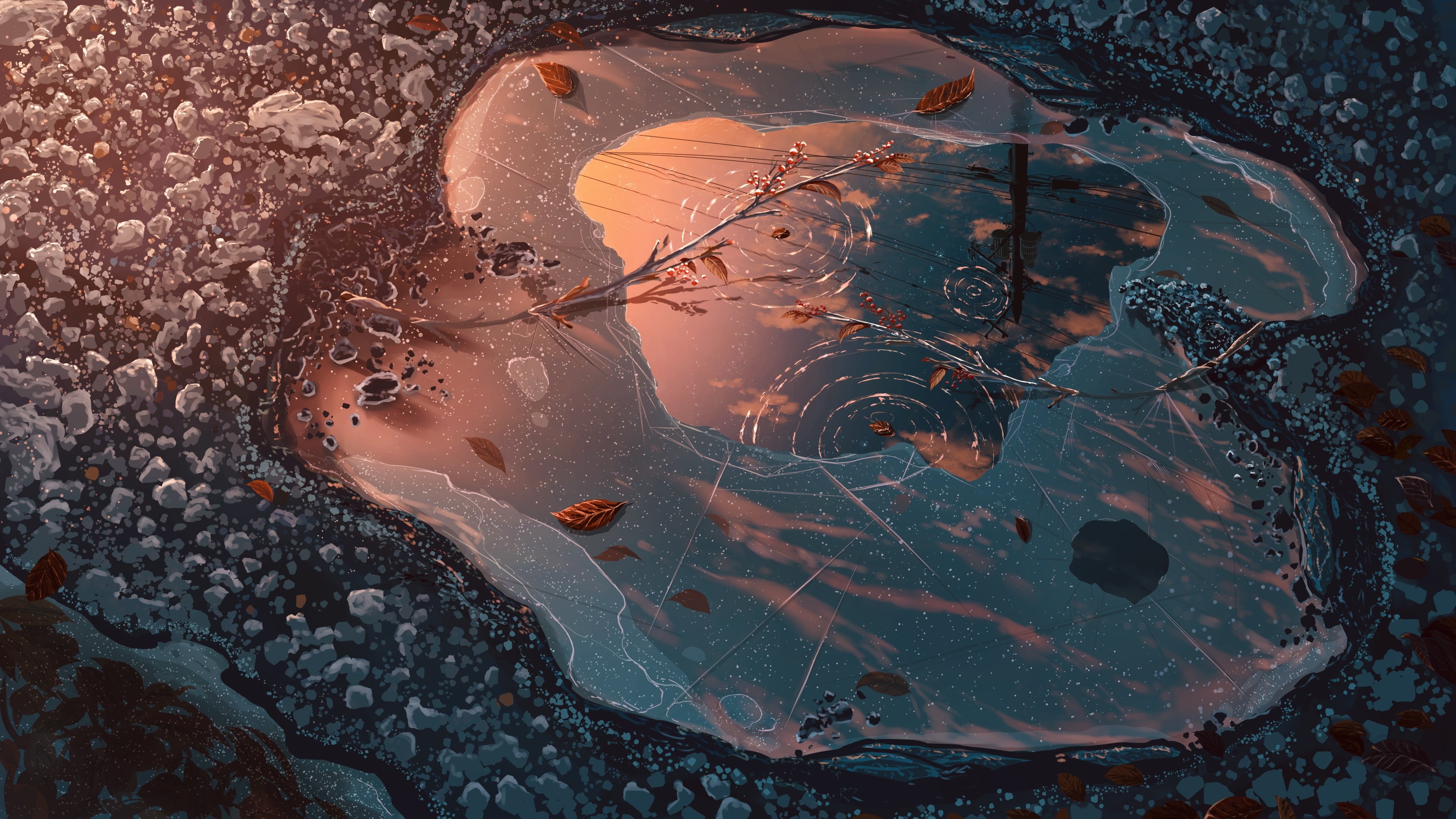 ice, puddle, frost, 4K, anime, HD Wallpaper