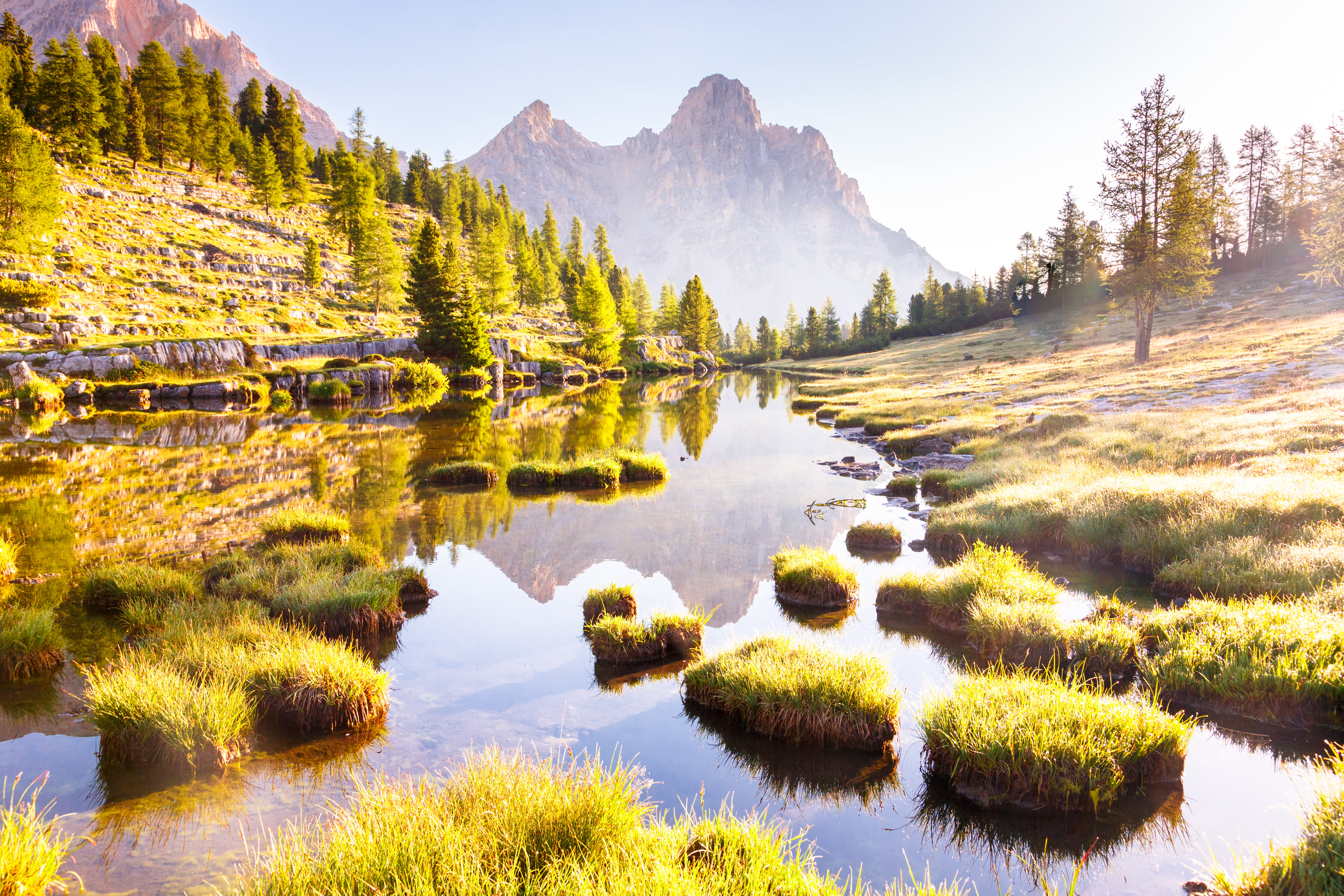 nature, travel, landscape, summer, Dolomites, A morning, reflection, beauty In Nature, scenics, autumn, lake, grasses, mountain, landmark, outdoors, tree, HD Wallpaper