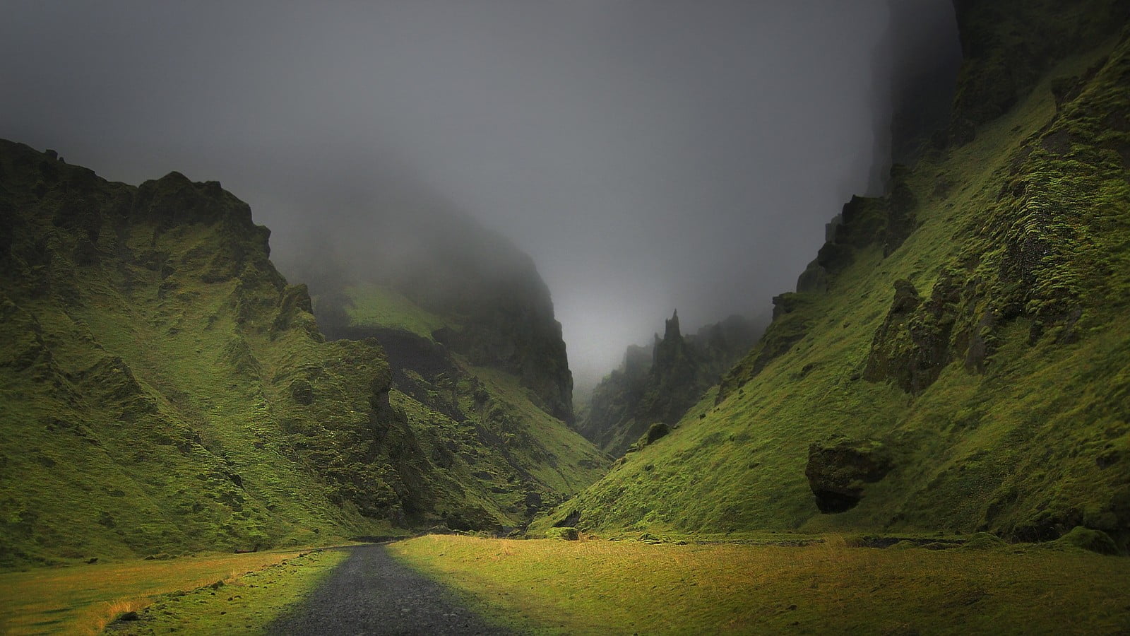 grass, no people, sky, non-urban scene, land, dark, landscape, green color, mist, idyllic, mountains, mountain, nature, green, dirt road, power in nature, HD Wallpaper