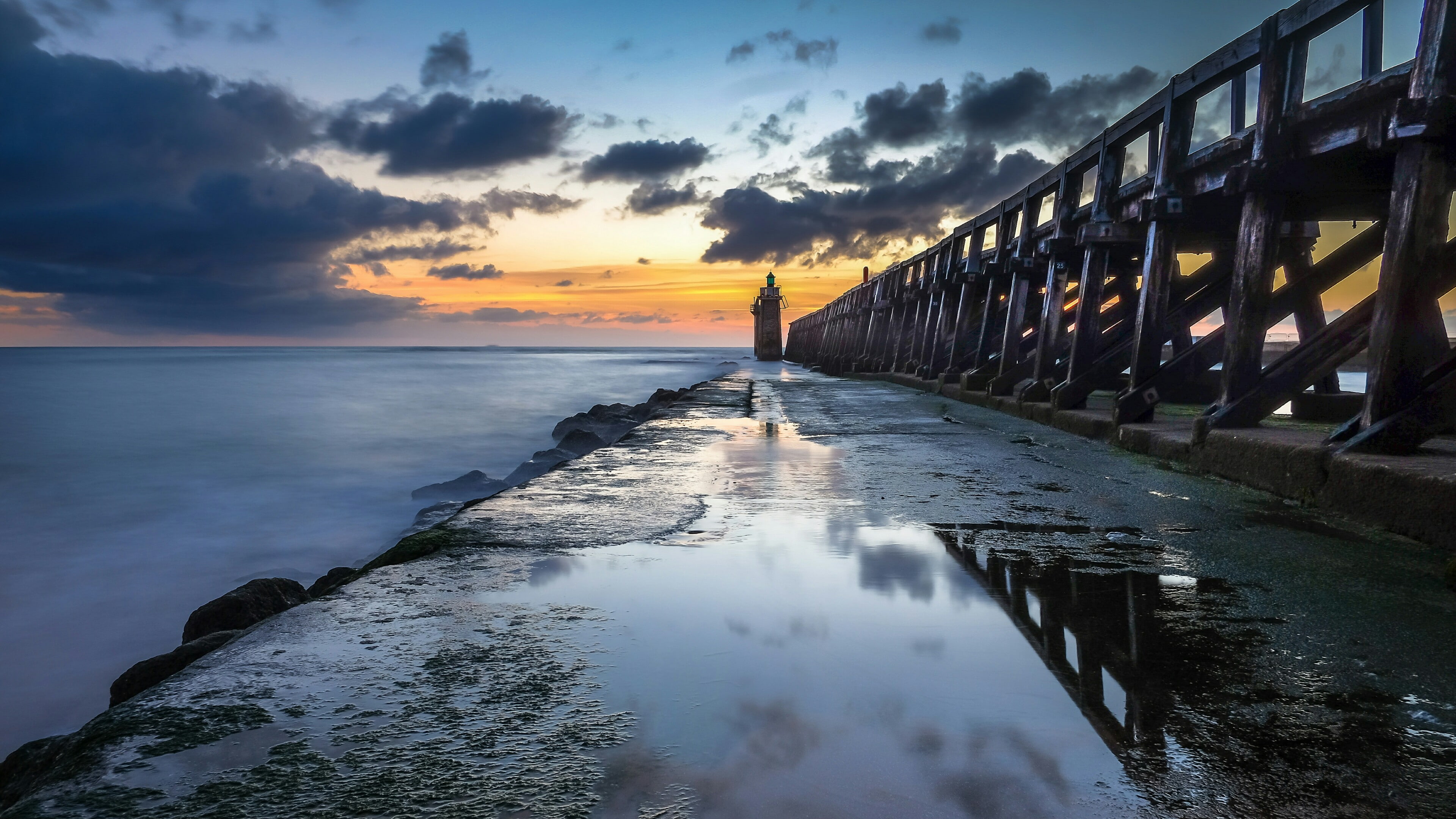 ocean, shore, coast, puddle, reflection, 4K, pier, cloud, sunset, sea, dusk, horizon, water, sky, HD Wallpaper