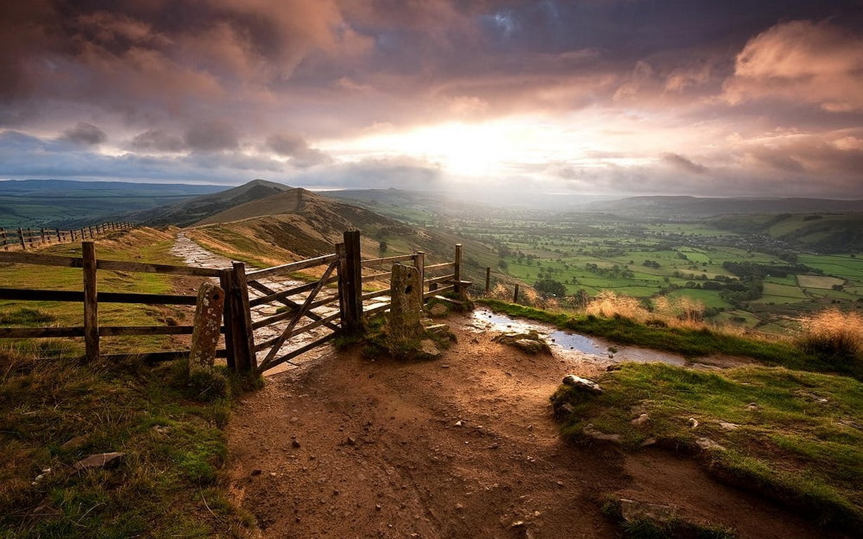 path, valley, fence, field, landscape, nature, mist, clouds, sky, puddle, 480P, HD Wallpaper