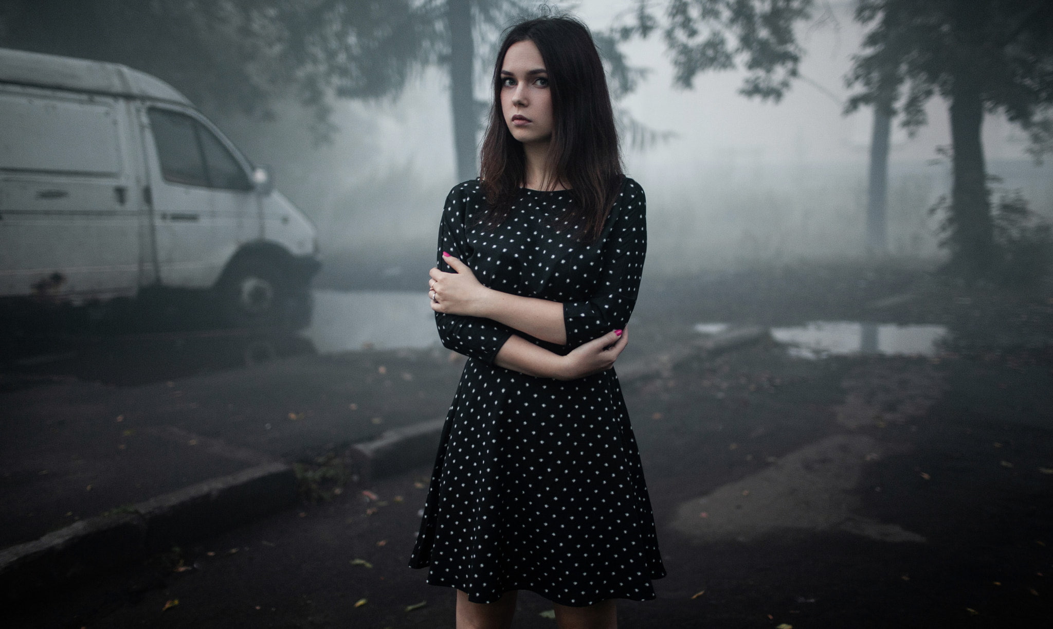 young women, painted nails, beautiful woman, one person, 1080P, polka dots, young adult, transportation, focus on foreground, trees, standing, three quarter length, HD Wallpaper
