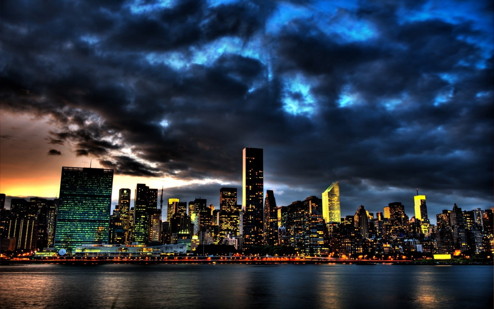 tall - high, modern, water, sky, building exterior, night, urban, city, hour, building, financial district, landscape, skyscraper, office building exterior, HD Wallpaper