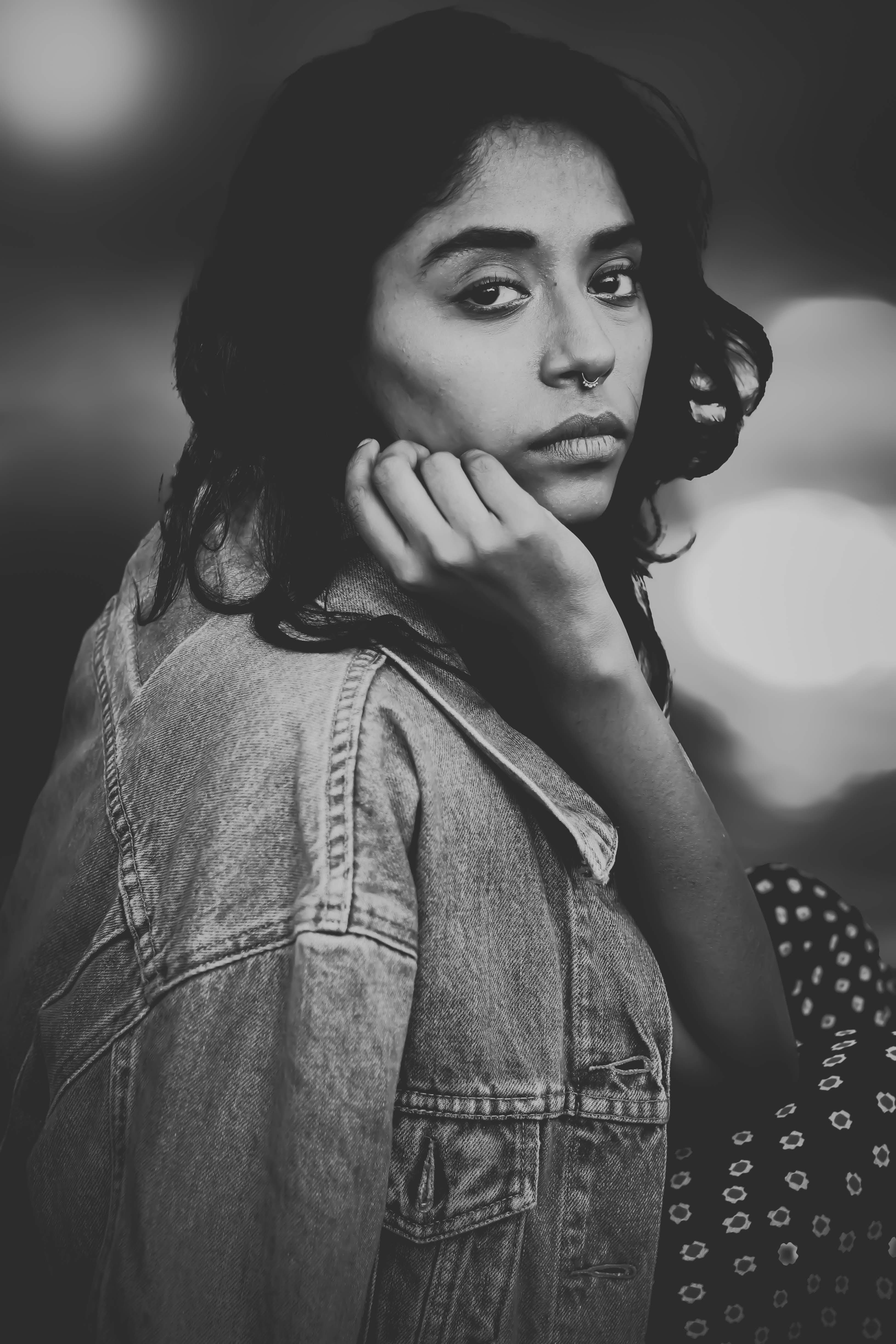 denim, contemplation, front view, waist up, eyes, nose piercing, young women, blurred background, photography, casual clothing, young adult, beauty, woman, Phone HD Wallpaper