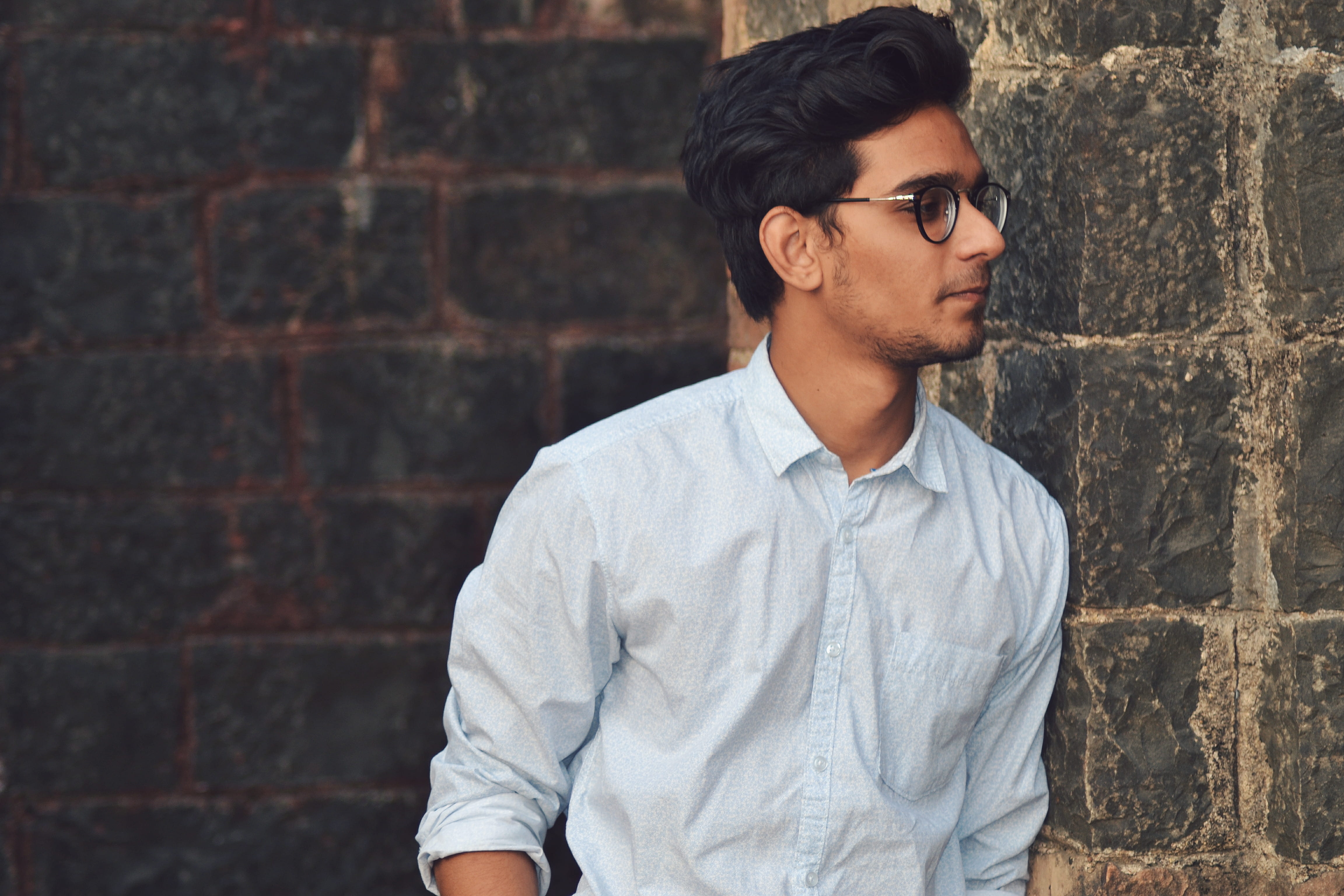 man, street, shirt, model, fashion, young adult, teenager, vsco, casual, brick wall, leisure activity, wear, handsome, glasses, light, standing, casual clothing, HD Wallpaper
