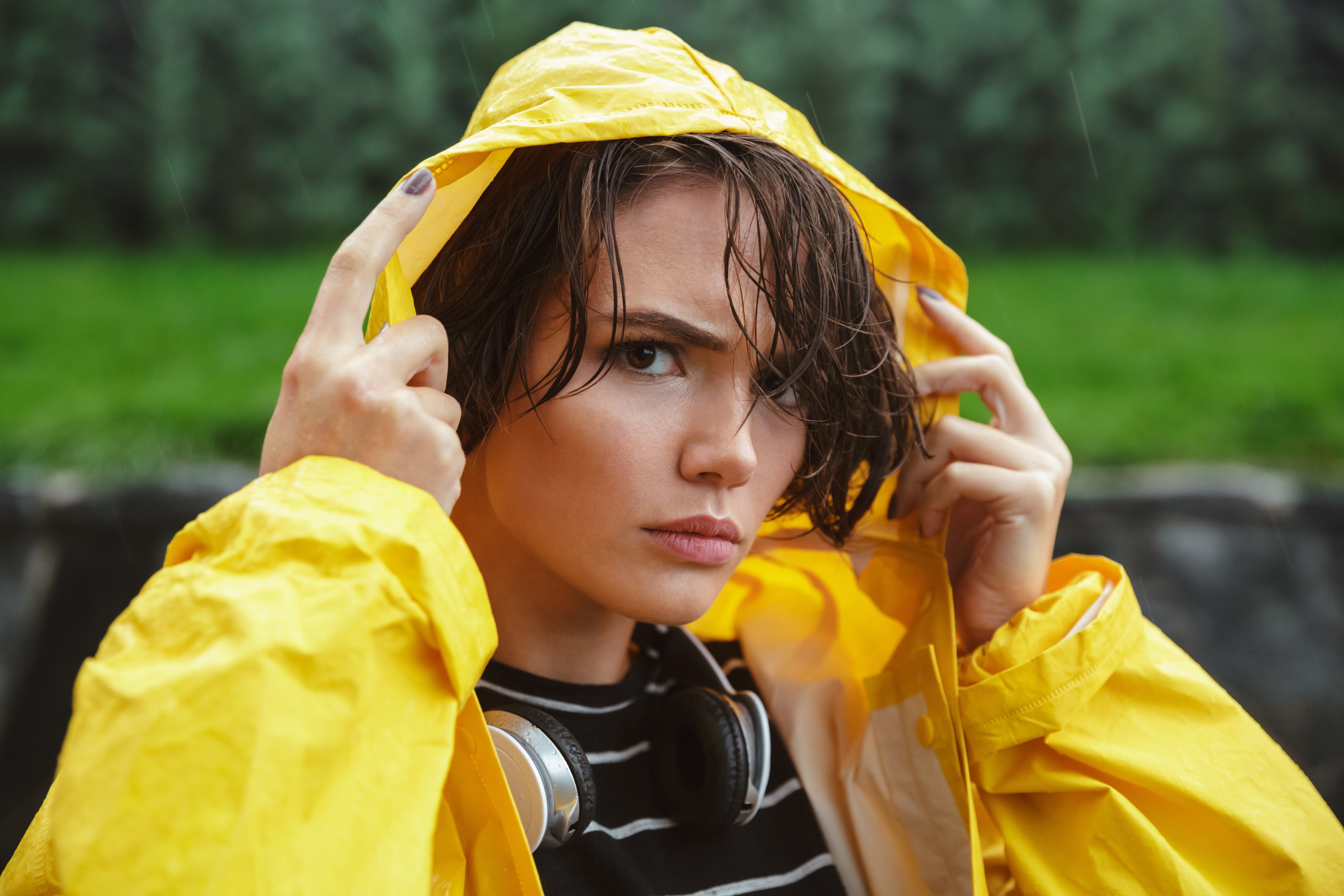yellow, looking at viewer, women, closeup, model, upset, portrait, wet hair, 5K, hoods, headphones, rain, raincoat, HD Wallpaper