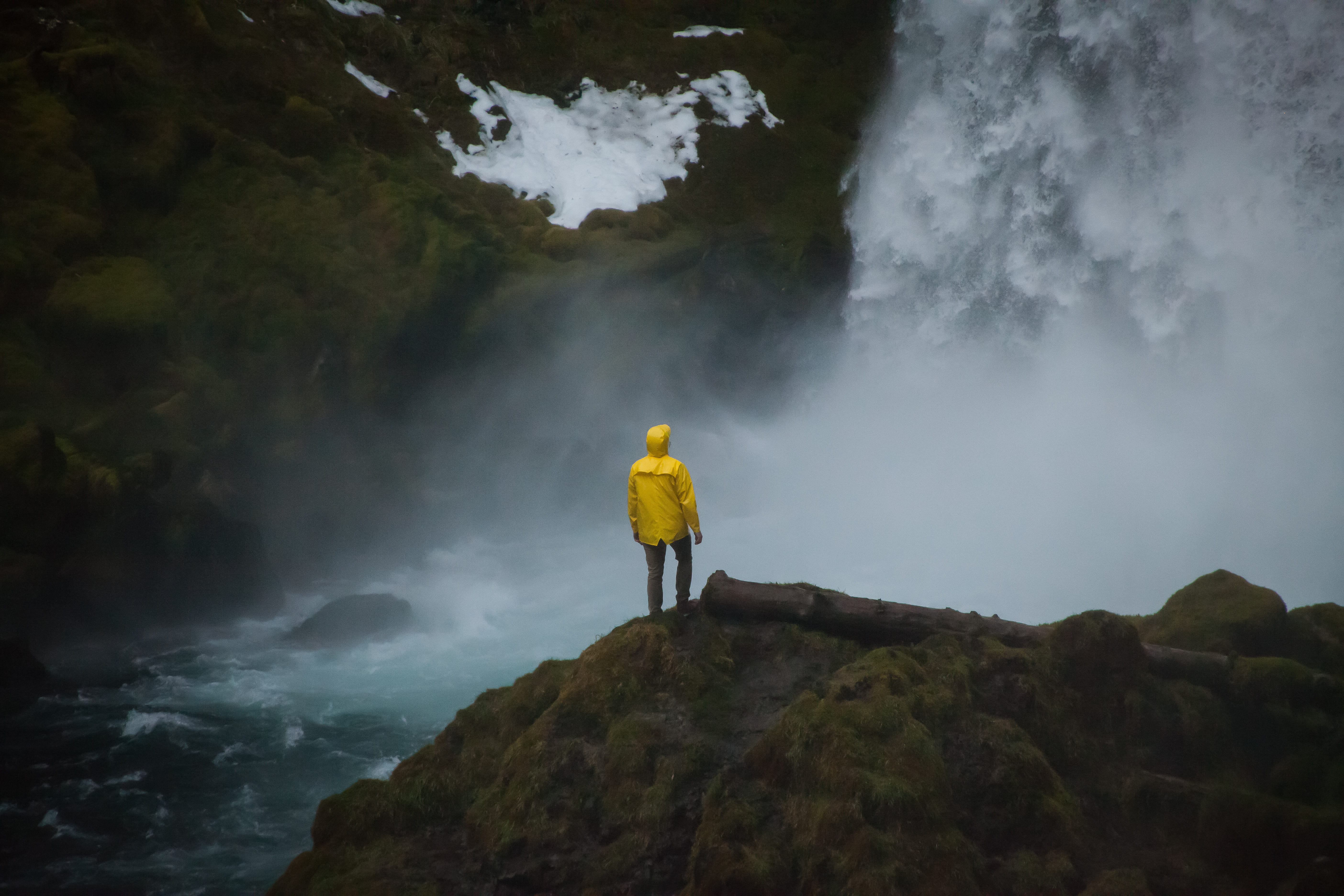 raincoat, rock - object, outdoors, scenics - nature, coat, oregon, mountain, rear view, full length, waterfalls, fog, beauty in nature, creative, looking at view, HD Wallpaper