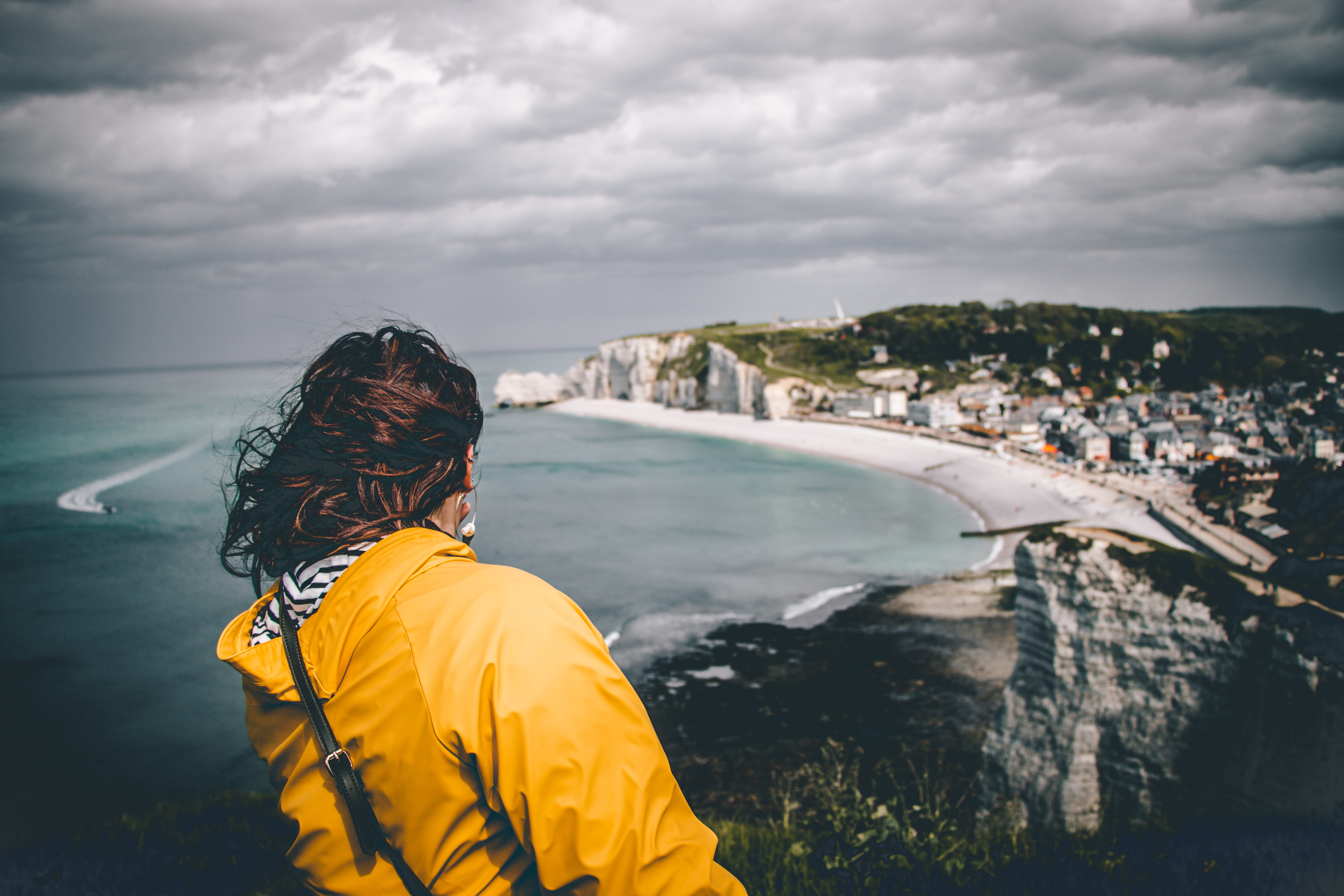 woman, sea, canon, ocean, clothing, building, cliff, cloud - sky, day, sky, one person, warm clothing, etretat, outdoors, standing, france, leisure activity, HD Wallpaper
