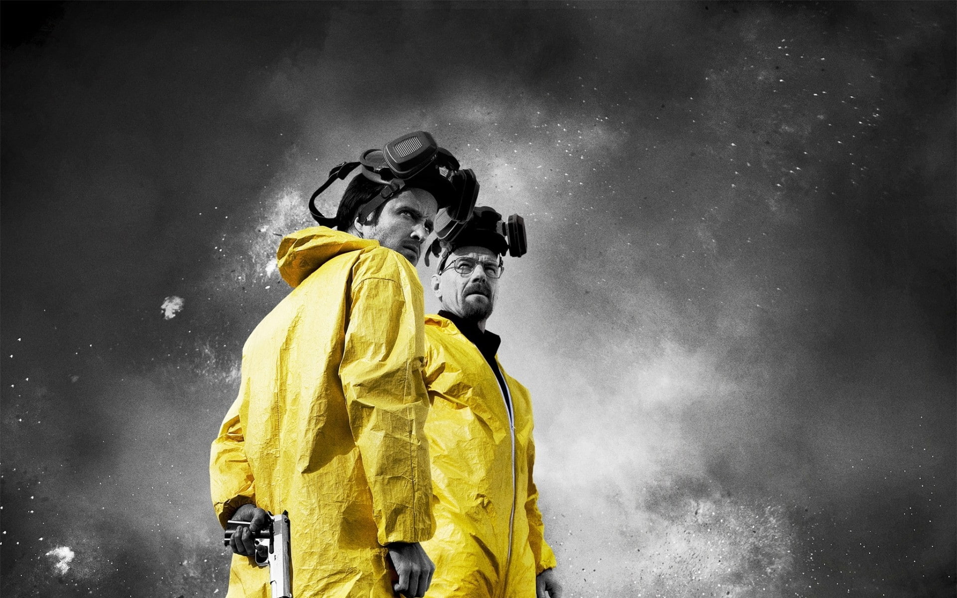 black background, men, mid adult, smoke - physical structure, activity, waist up, rain, storm, people, males, 1080P, yellow, wet, two people, winter, coat, HD Wallpaper