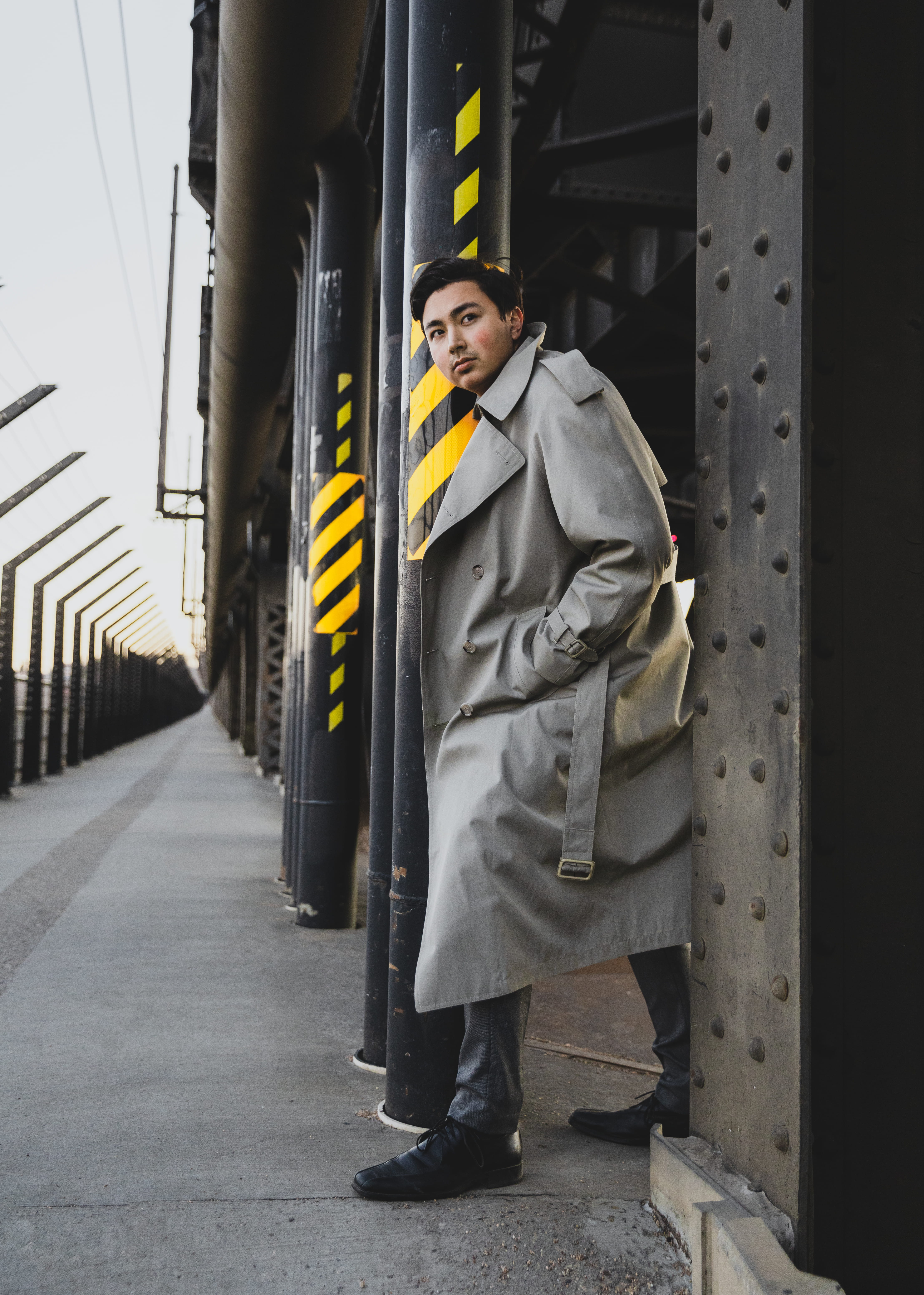 modeling, man, leisure activity, young adult, clothing, apparel, standing, front view, person, trench coat, raincoat, yellow, adult, males, portrait, industrial, Phone HD Wallpaper