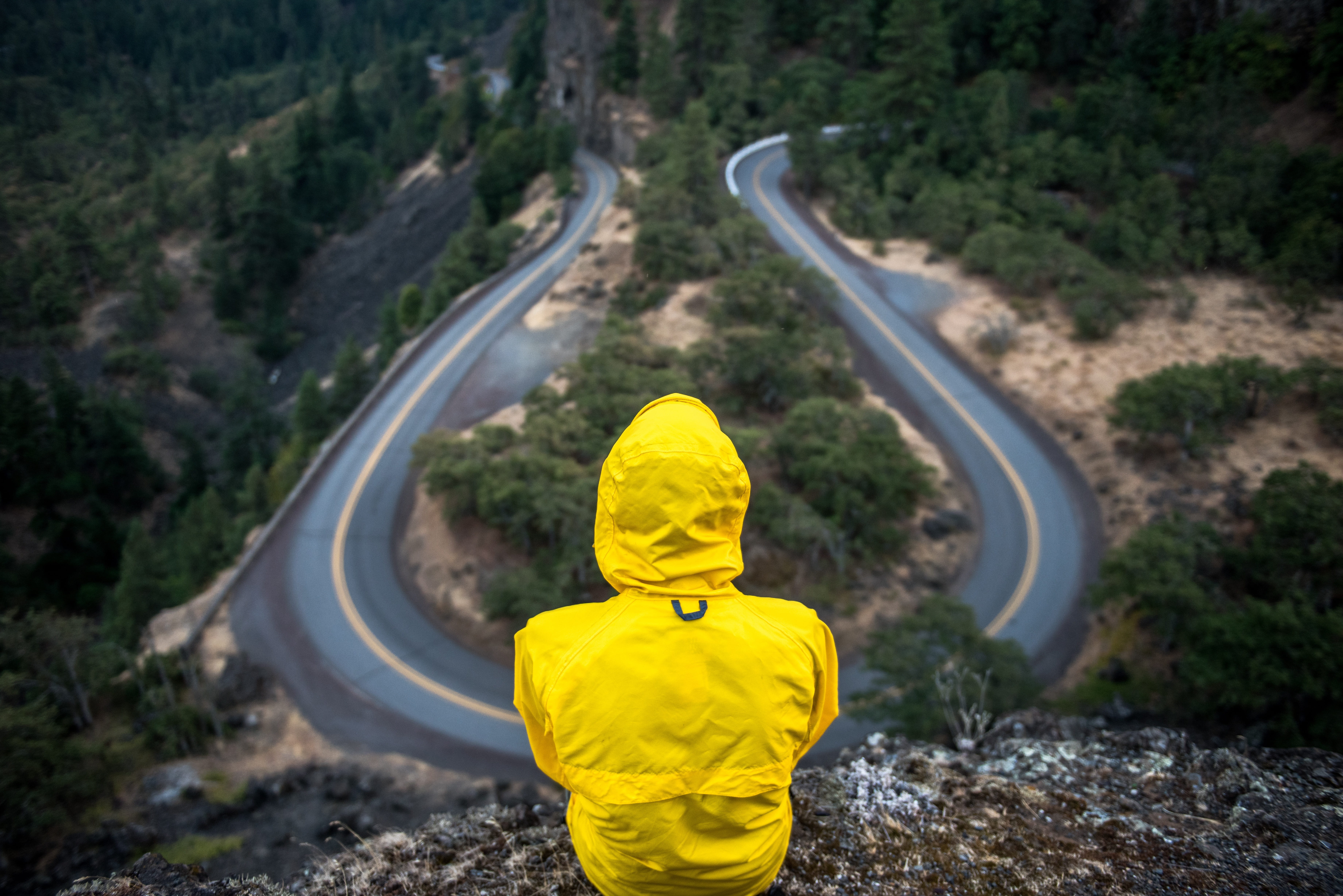 rear view, way, scenics - nature, nature, transportation, one person, person, tranquil scene, outdoors, land, curve, mountain, sitting, winding, clothing, HD Wallpaper