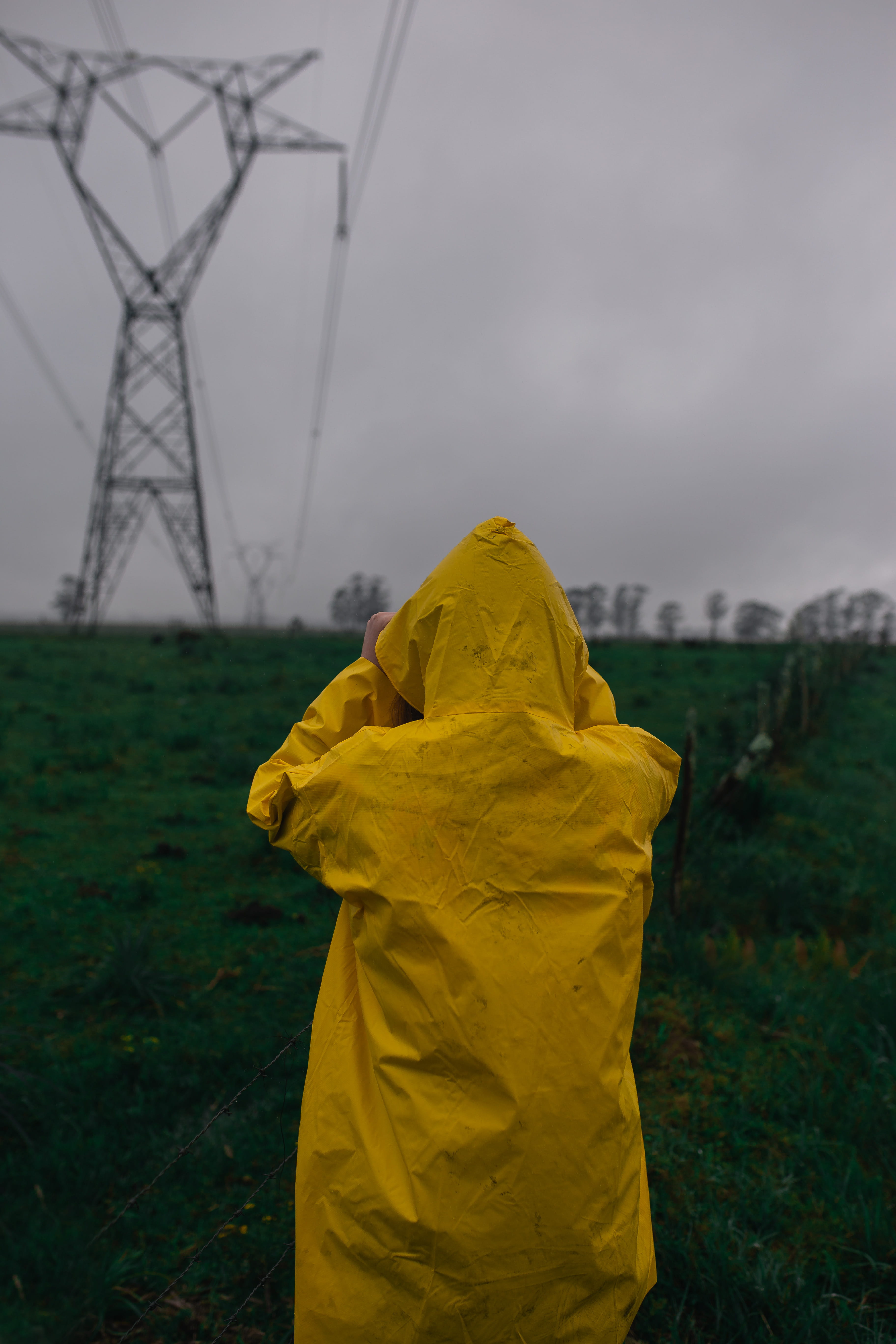 sky, clothing, cloud - sky, outdoors, person, hood - clothing, nature, electricity, land, environment, 5K, powerline, field, unrecognizable person, grass, Phone HD Wallpaper