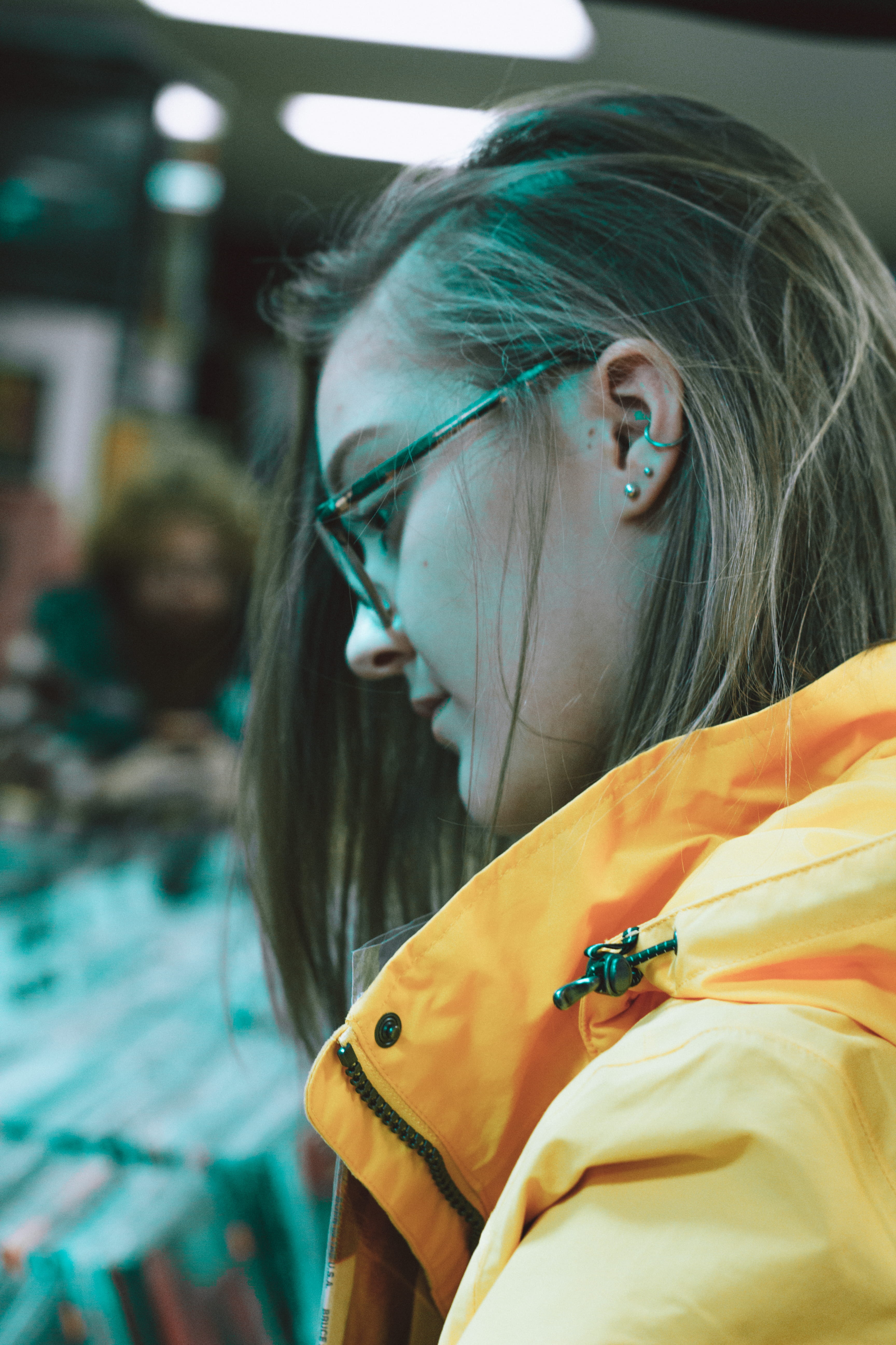 indoors, tape, beautiful woman, lifestyles, adult, real people, hipster, smart, holding, sell, yellow, headshot, contemplation, business, nerd, women, front view, Phone HD Wallpaper