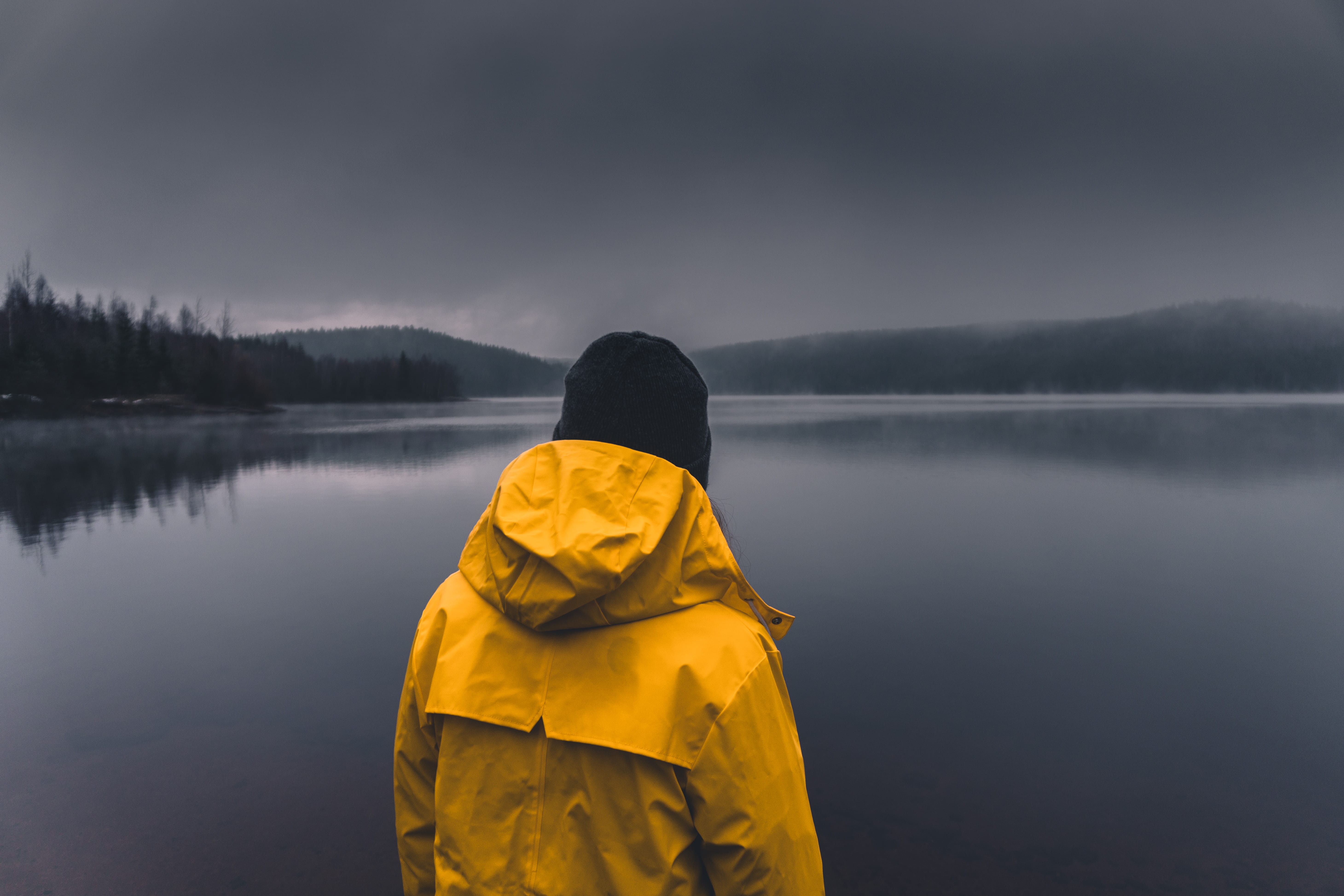 cloudy, clothing, person, 5K, beauty in nature, warm clothing, rear view, winter, looking at view, hood - clothing, waist up, one person, man, cloud - sky, HD Wallpaper