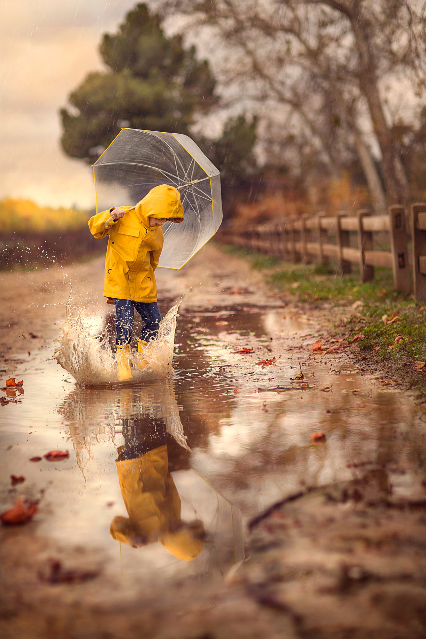 umbrella, reflection, children, raincoat, fallen leaves, Jessica Drossin, overcast, water splash, yellow raincoat, 1080P, Phone HD Wallpaper