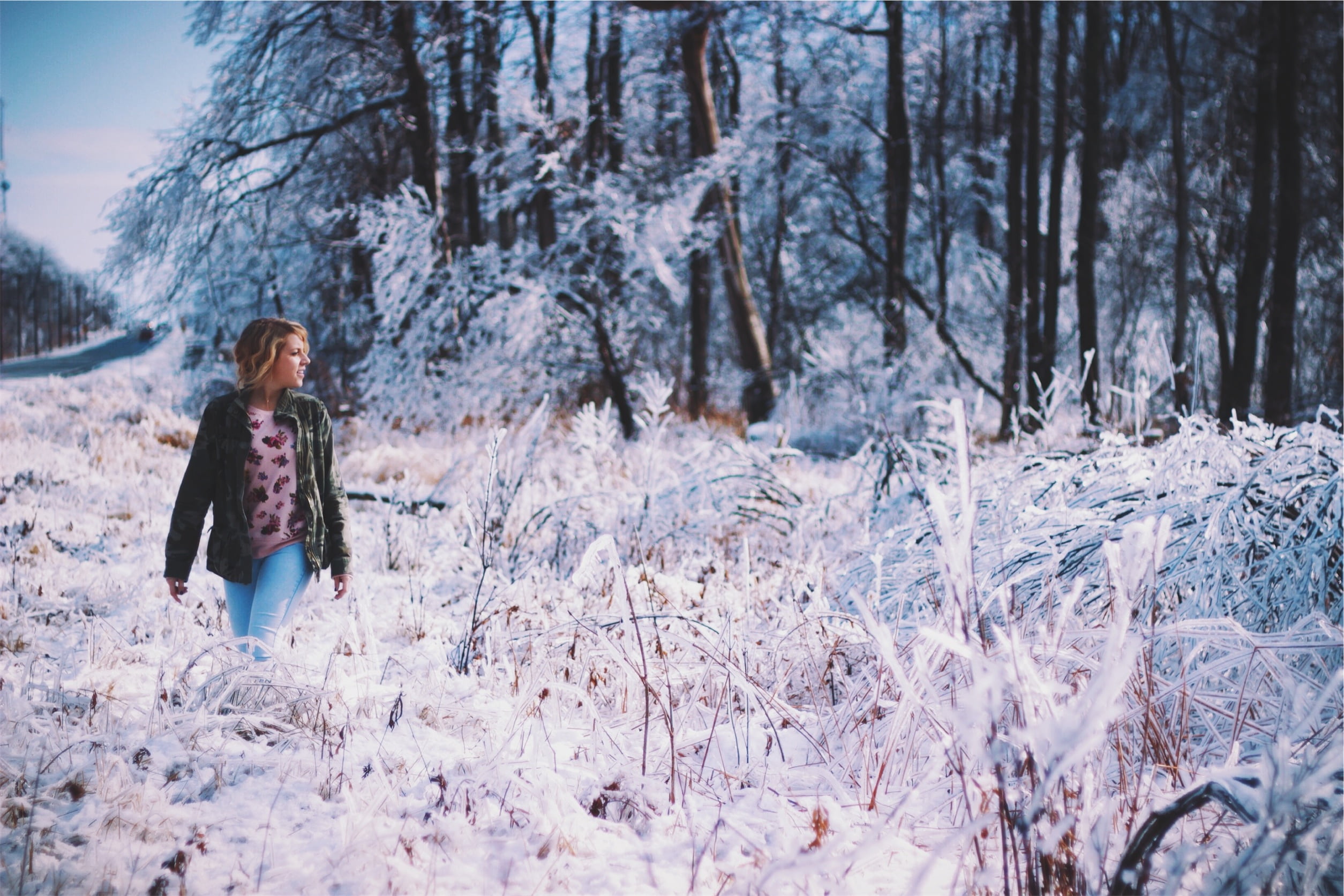 1080P, daytime, one person, winter, walking, outdoors, denim, tree, frozen, women, forest, real people, leisure activity, jacket, road, ice, zing, cold, HD Wallpaper