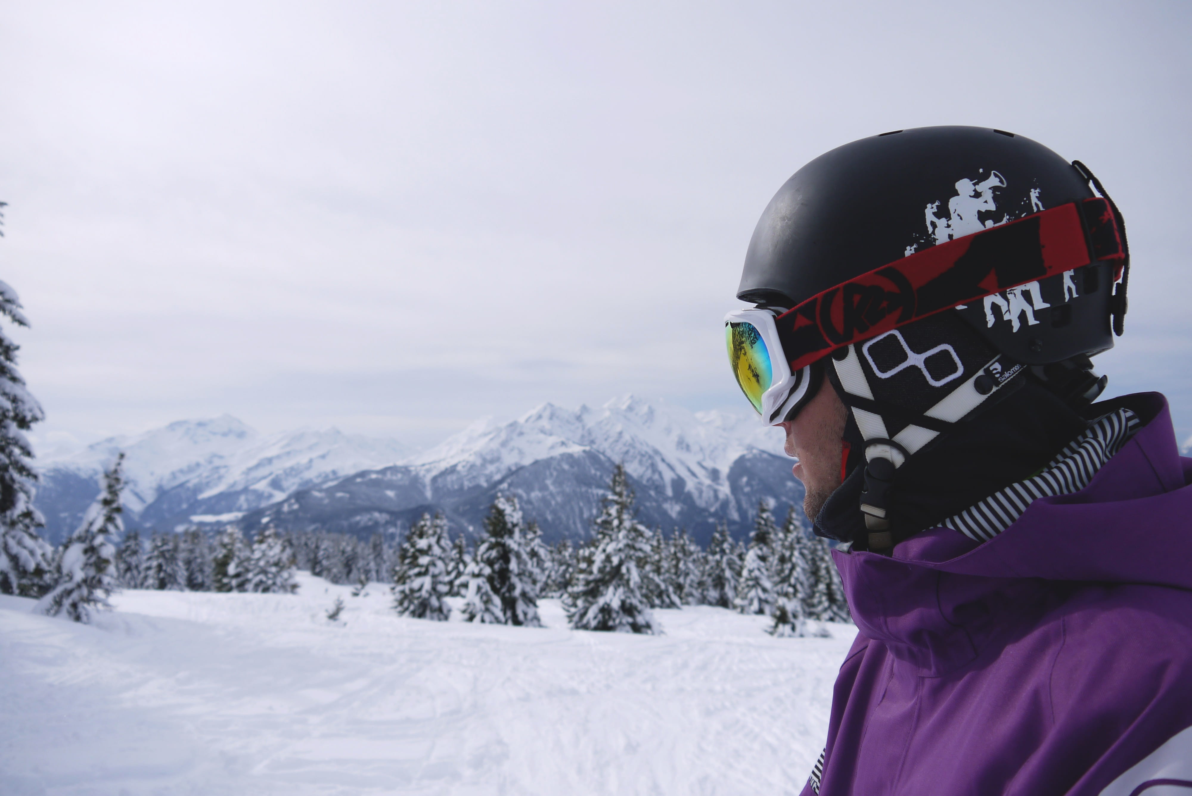 snowcap, mountain, snowy, headwear, person, black, overcast, clothing, snow, sport, fir tree, jacket, evergreen, daytime, man, crash helmet, one person, HD Wallpaper