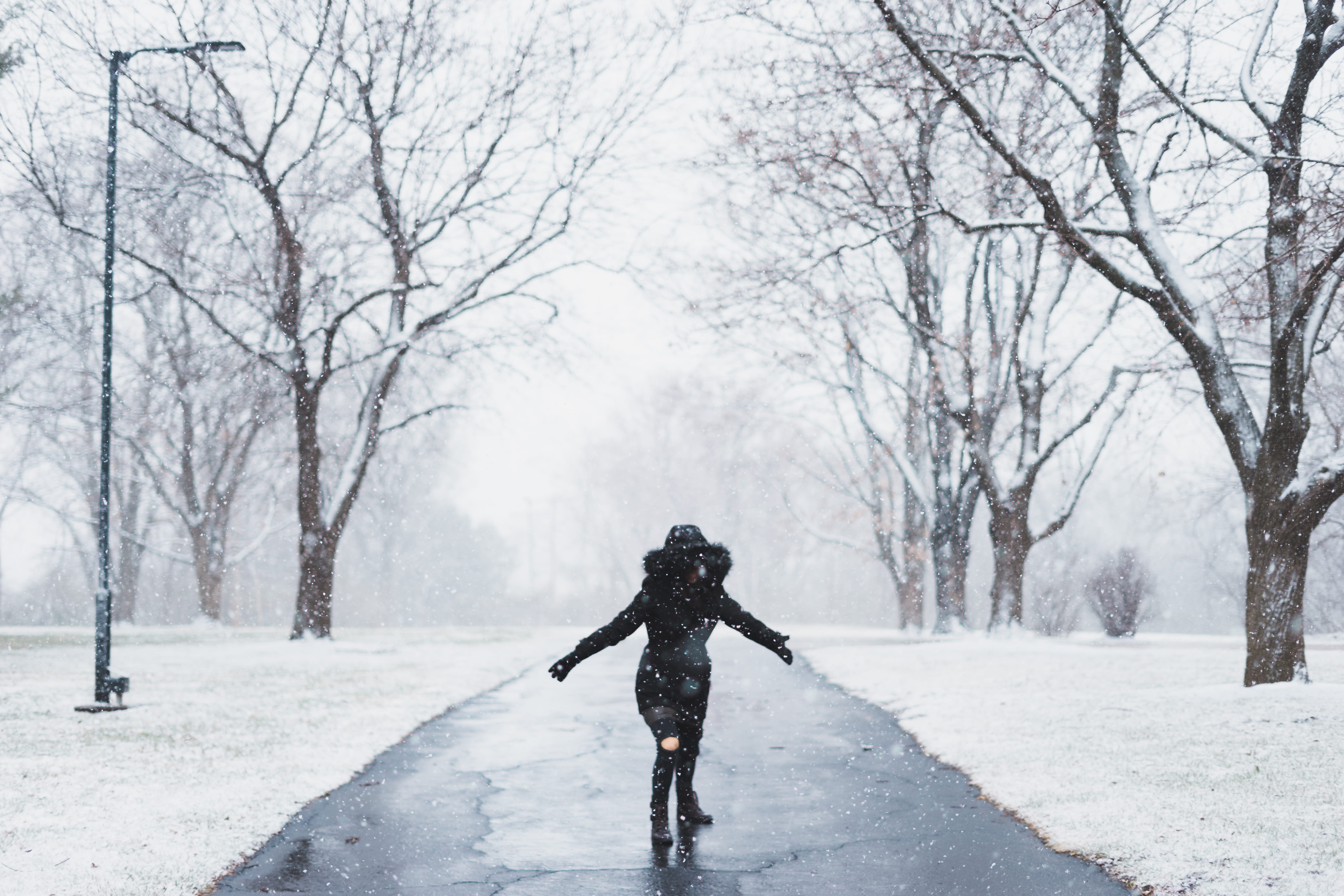 jacket, bare, plant, weather, human arm, path, cold temperature, post, near, wearing, Opportunity, outdoors, bare tree, frost, women, winter, snowing, full length, HD Wallpaper