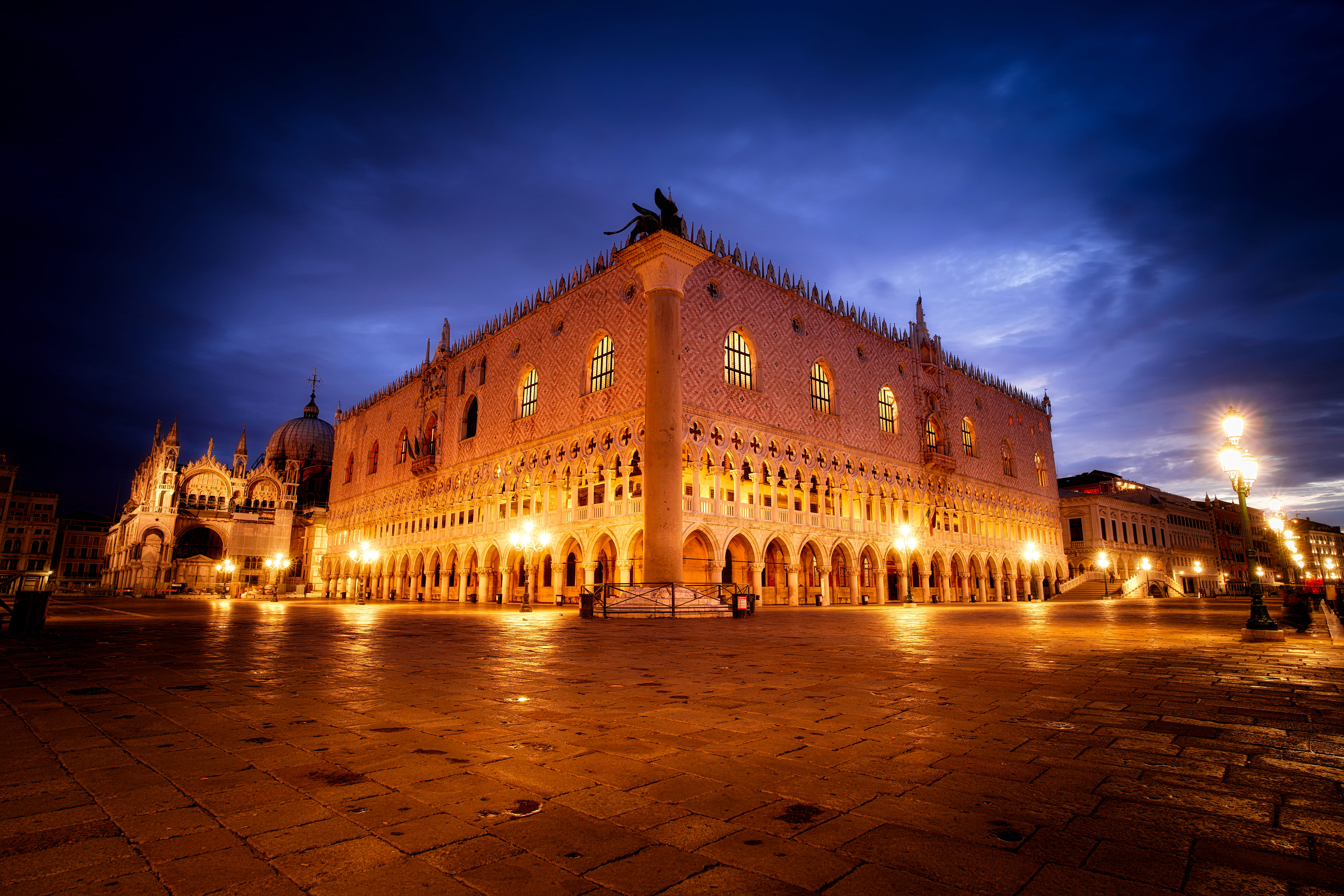street, canal, sky, italy, dusk, venice, nature, nightlife, town square, san marco, 5K, building exterior, history, built structure, city, tourism, lights, HD Wallpaper