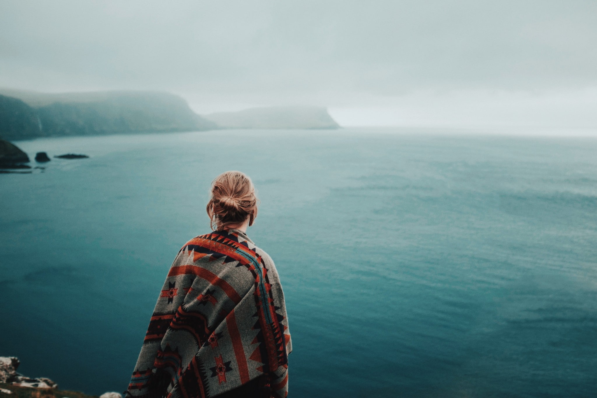 day, women outdoors, nature, fog, sky, scenics - nature, 1080P, women, outdoors, one person, looking at view, back, non-urban scene, vacations, waist up, HD Wallpaper