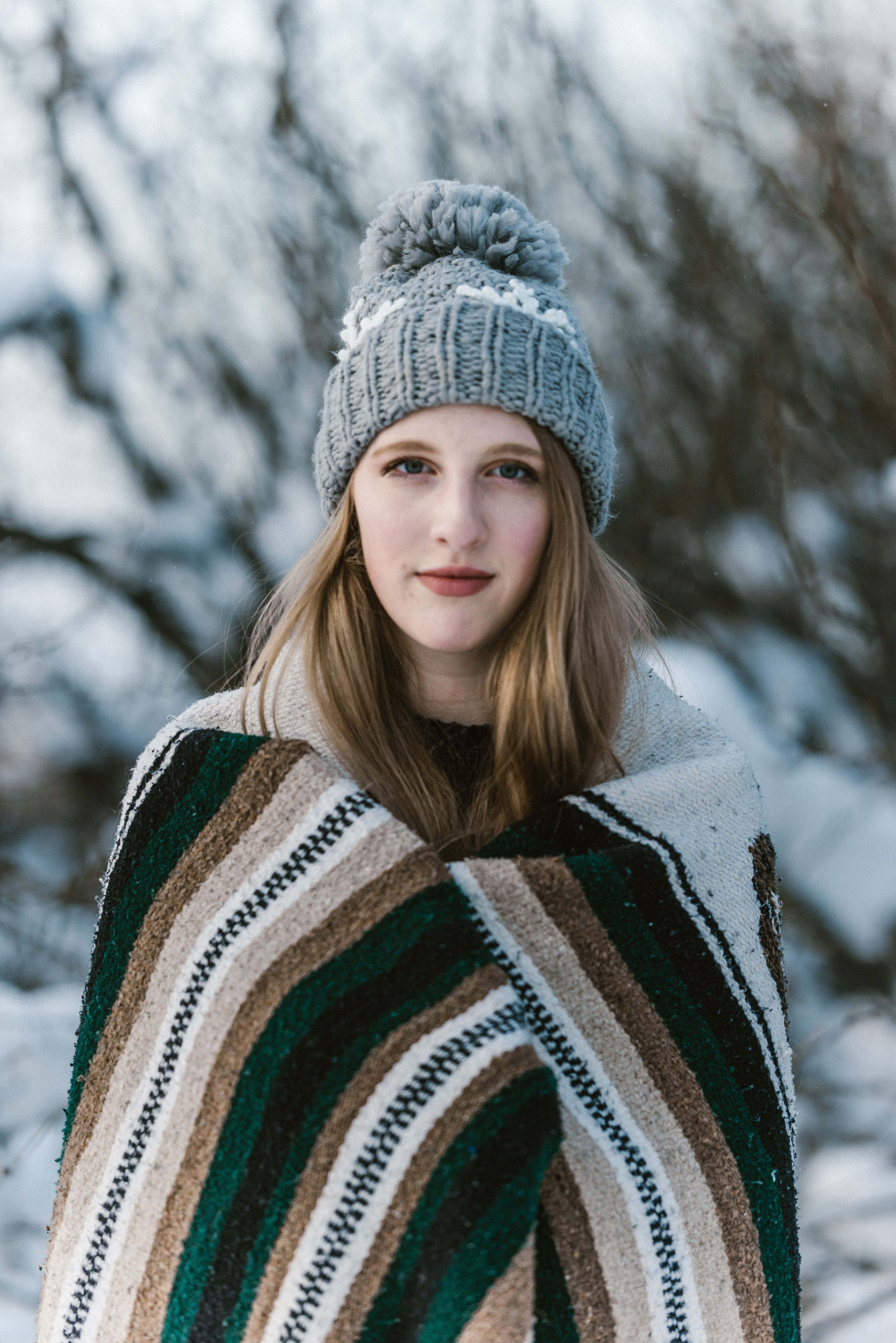 bobble hat, young adult, gray, hairstyle, cold temperature, beautiful woman, teenager, hat, winter, blond hair, warm clothing, bubble, snow, scarf, hair, Phone HD Wallpaper
