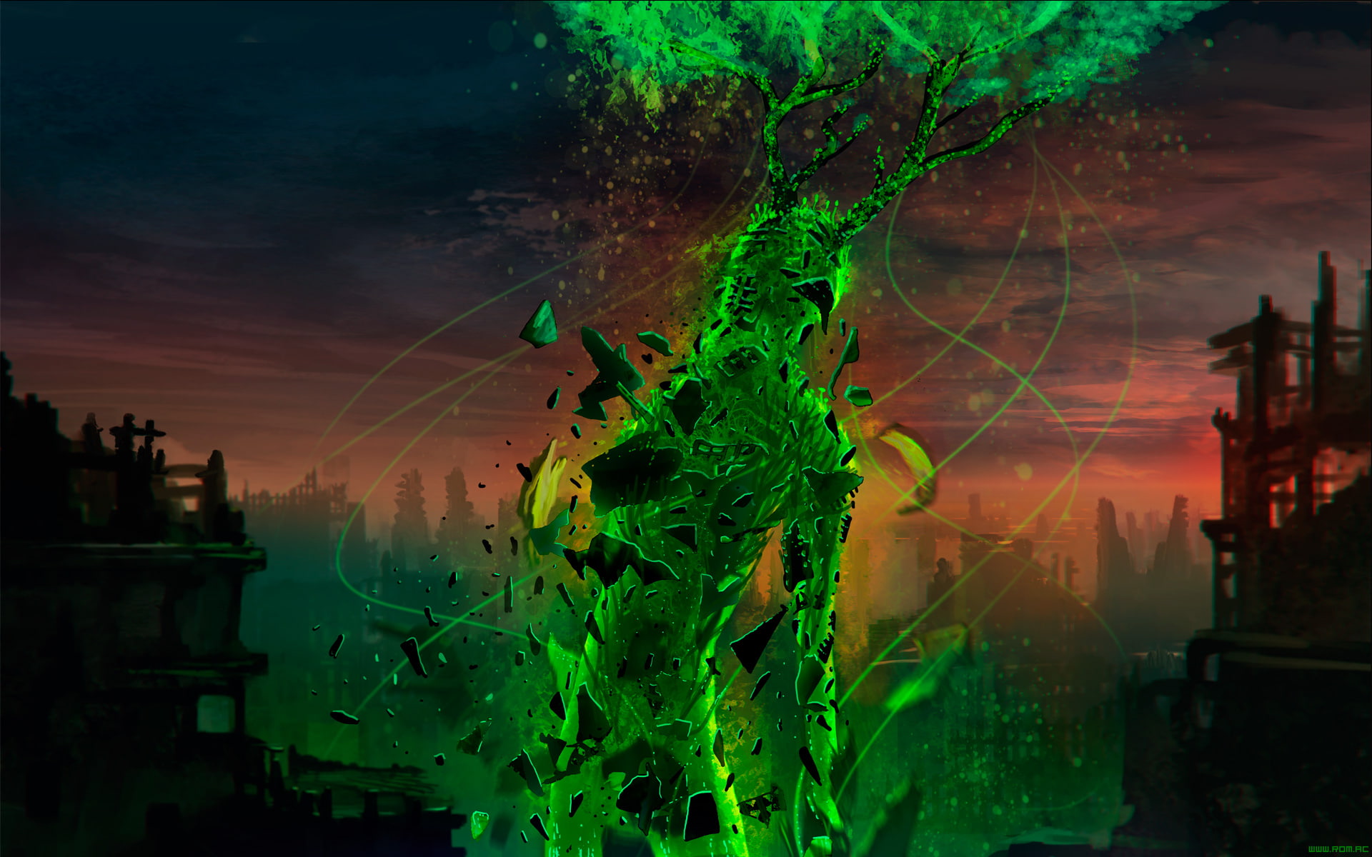 antlers, green, futuristic, paint splatter, shattered, fantasy art, magic, science fiction, atoms, artwork, Romantically Apocalyptic, 1080P, floating, HD Wallpaper