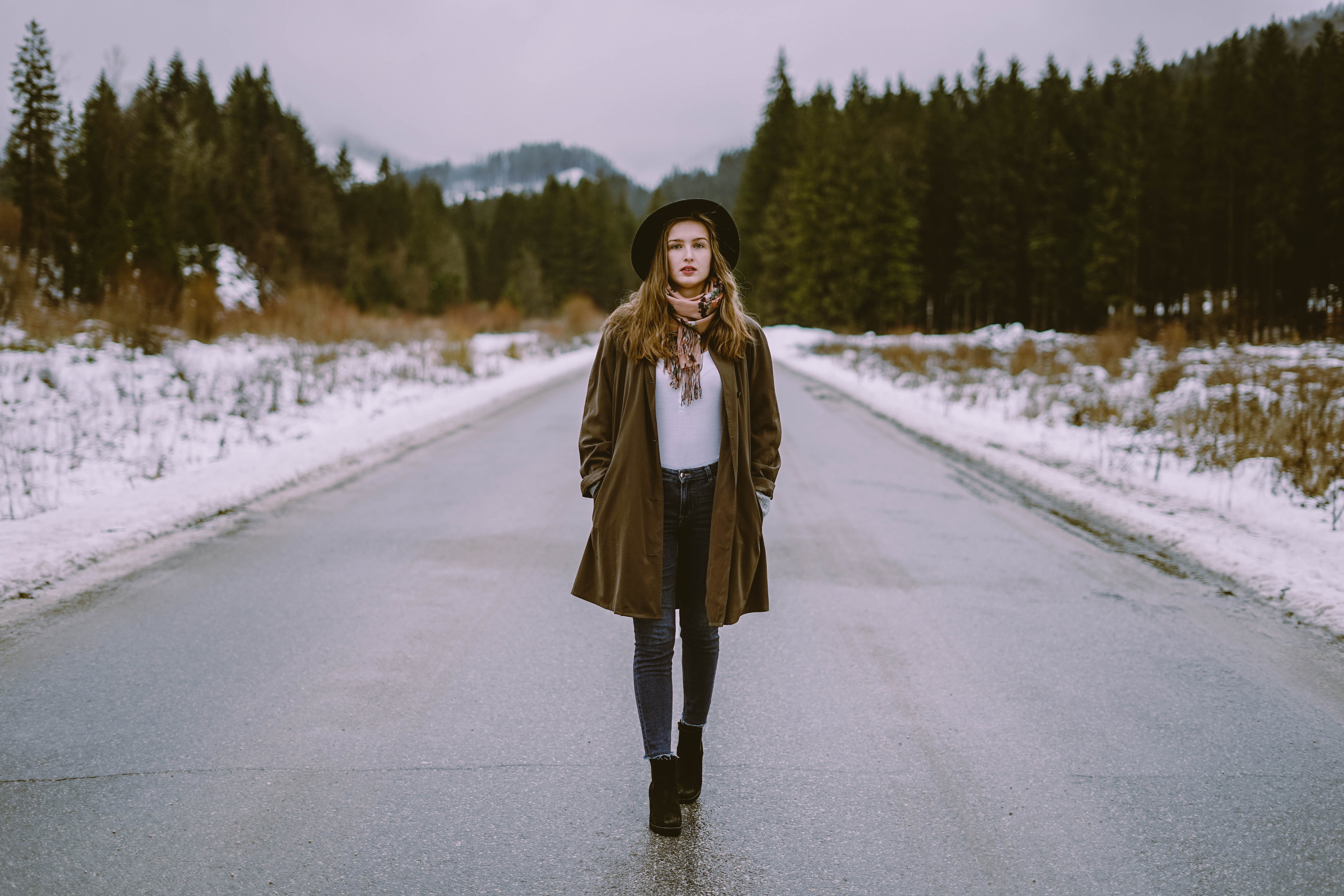 standing, snow, fashion, beautiful woman, full length, cold temperature, footwear, apparel, winter, plant, human, 5K, dirt road, gravel, cloak, young adult, HD Wallpaper