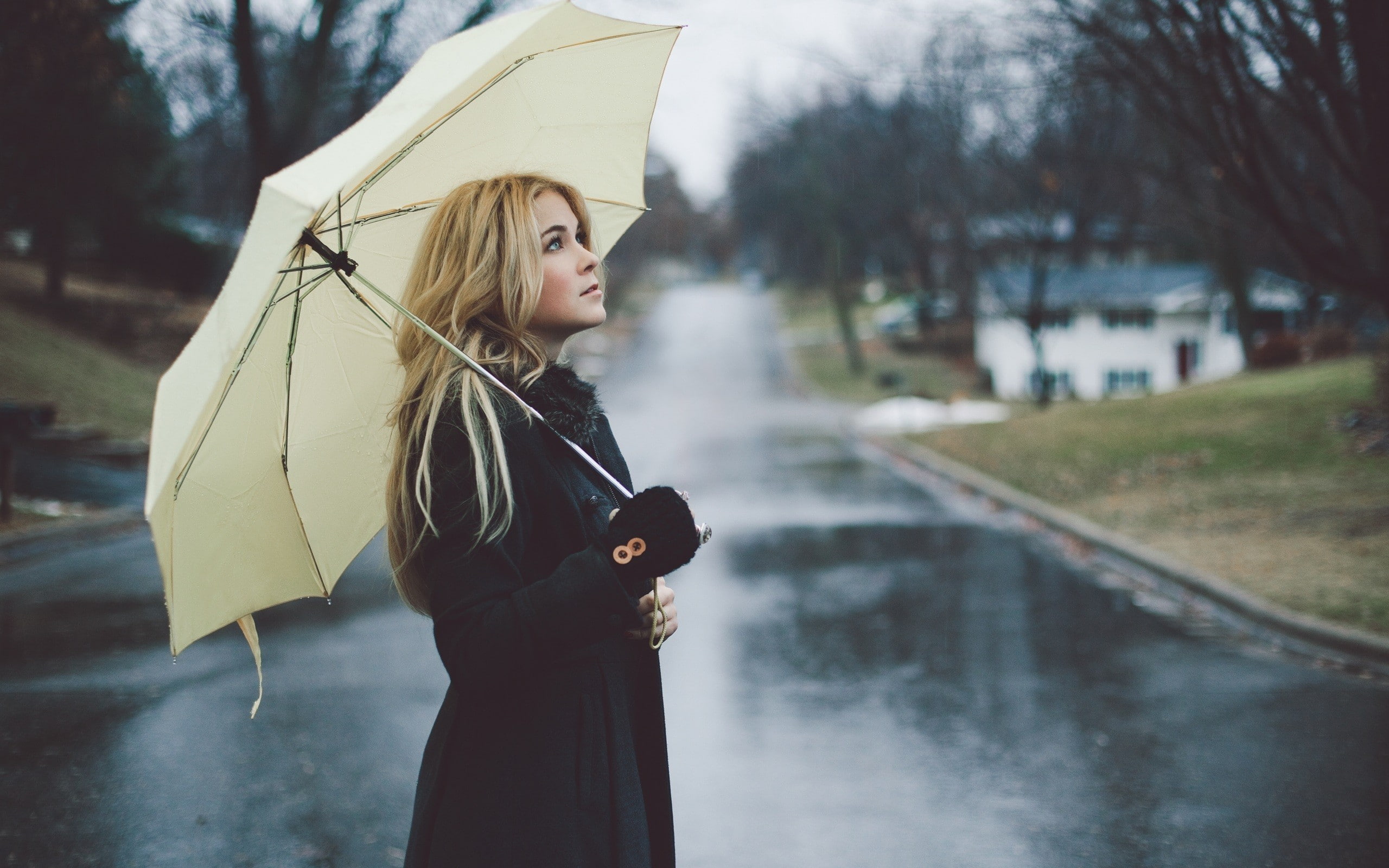 long hair, blonde, black coat, women, rain, umbrella, blue eyes, women outdoors, model, street, 2K, coats, HD Wallpaper