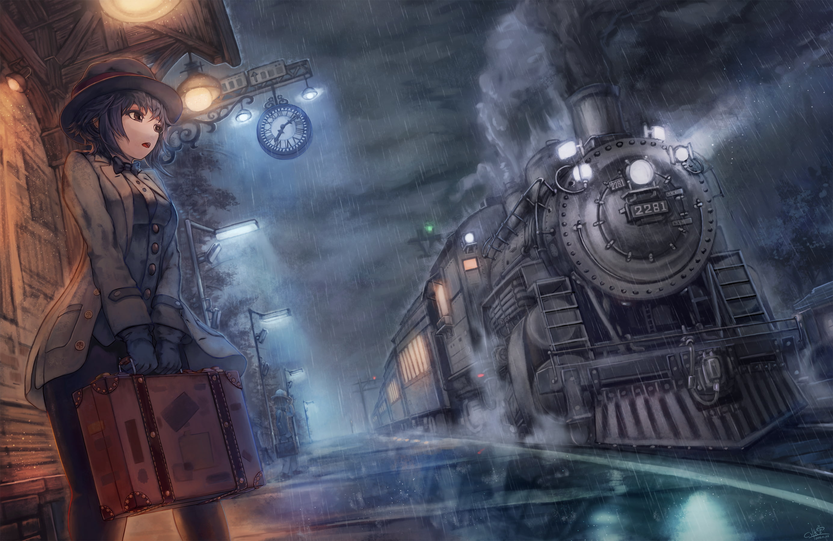 Clock, Train, Girl, Original, Rain, Anime, Coat, Original (Anime), 2K, Hat, HD Wallpaper