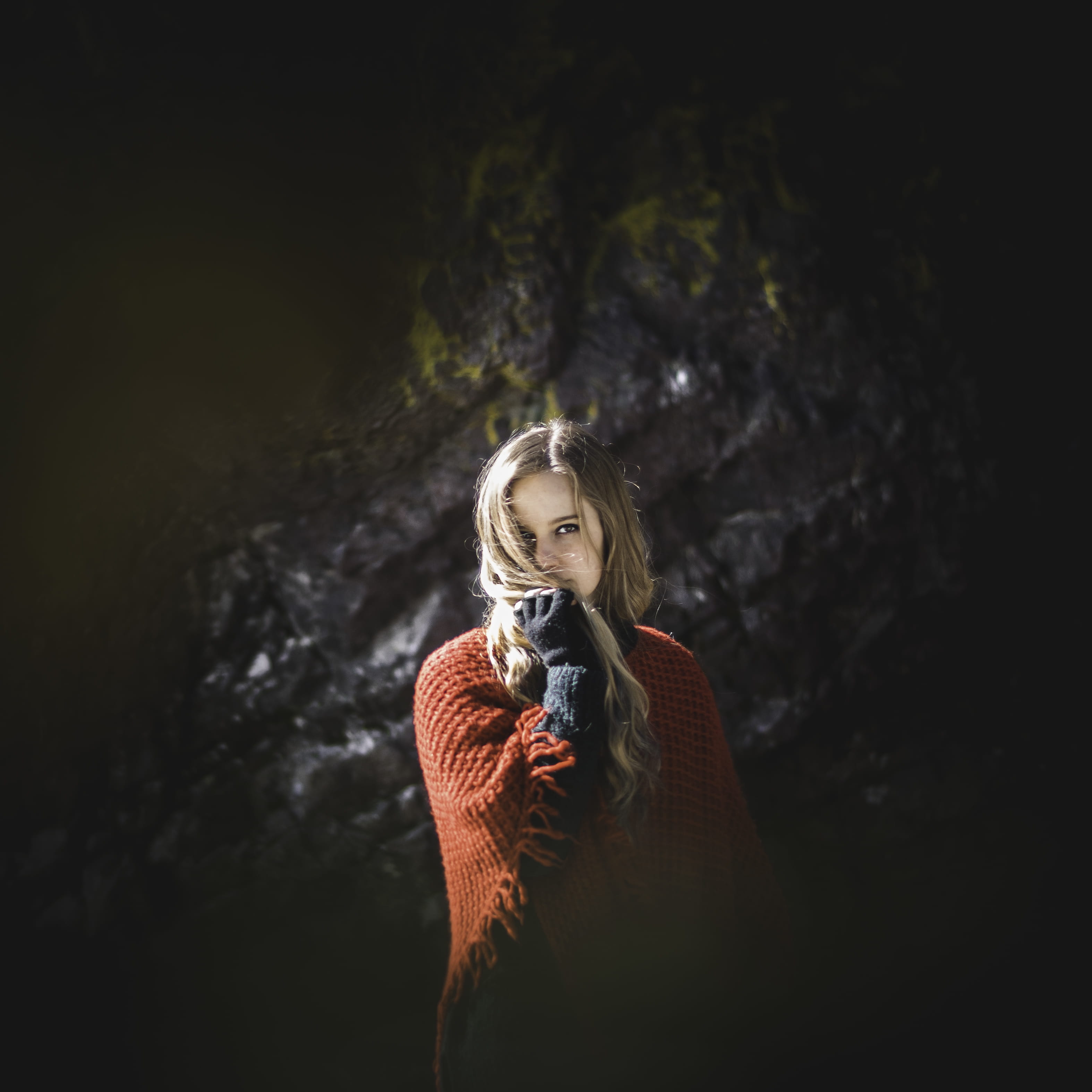 front view, flare, clothing, cape, young adult, young women, blond hair, rock, warm clothing, beautiful woman, lifestyles, plant, fashion, wearing, hair, Phone HD Wallpaper