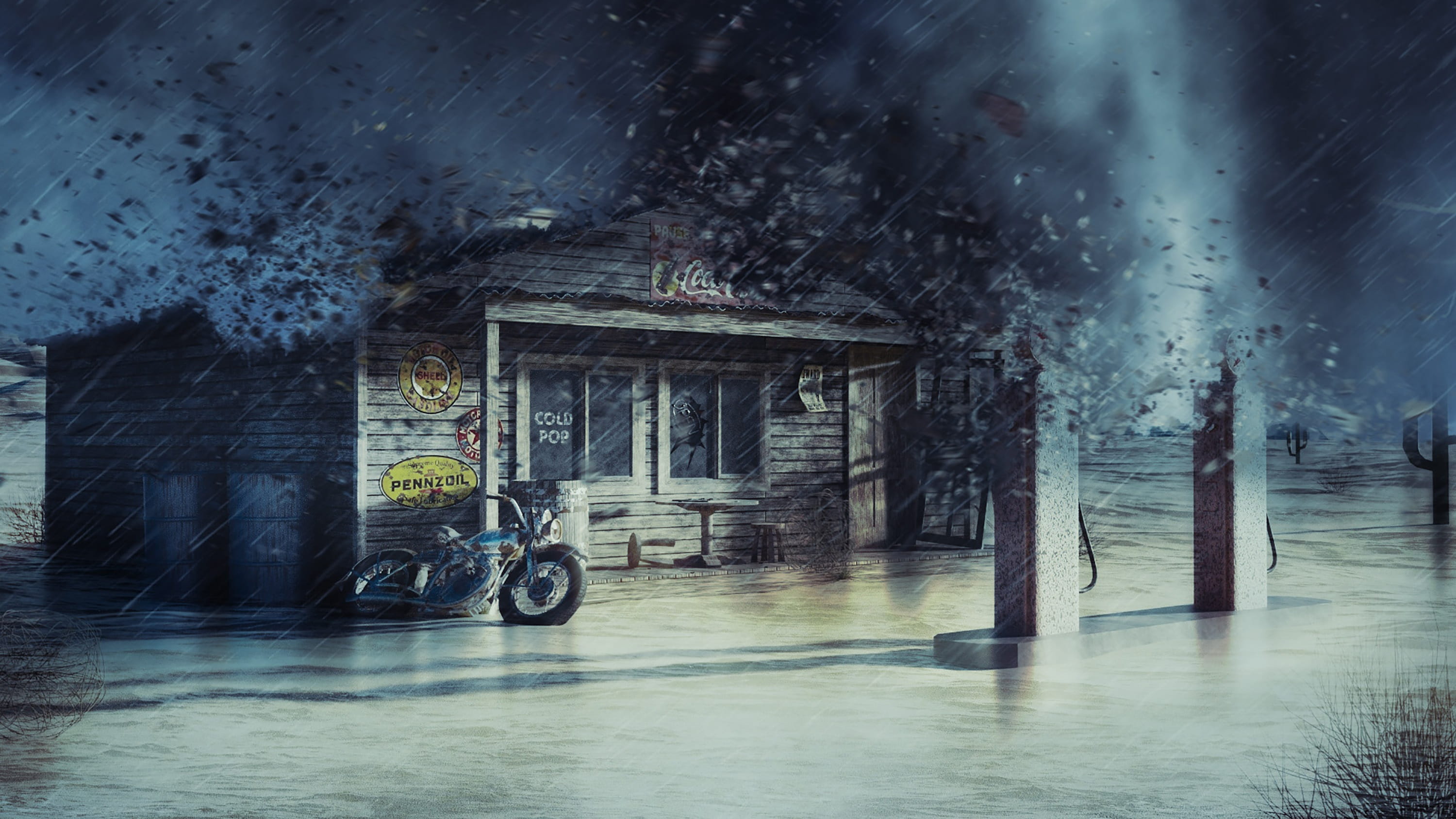 day, outdoors, tornado, rainy season, 2K, land vehicle, destruction, lightning, rain, wind, wrecked, monsoon, motorcycle, harley, architecture, built structure, HD Wallpaper