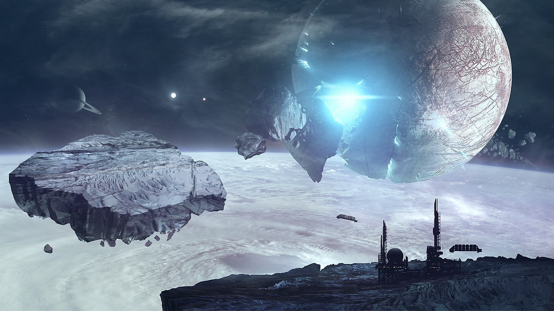 the atmosphere, destruction, space, ship, asteroids, the explosion, art, the wreckage, 1080P, stars, station, planet, HD Wallpaper