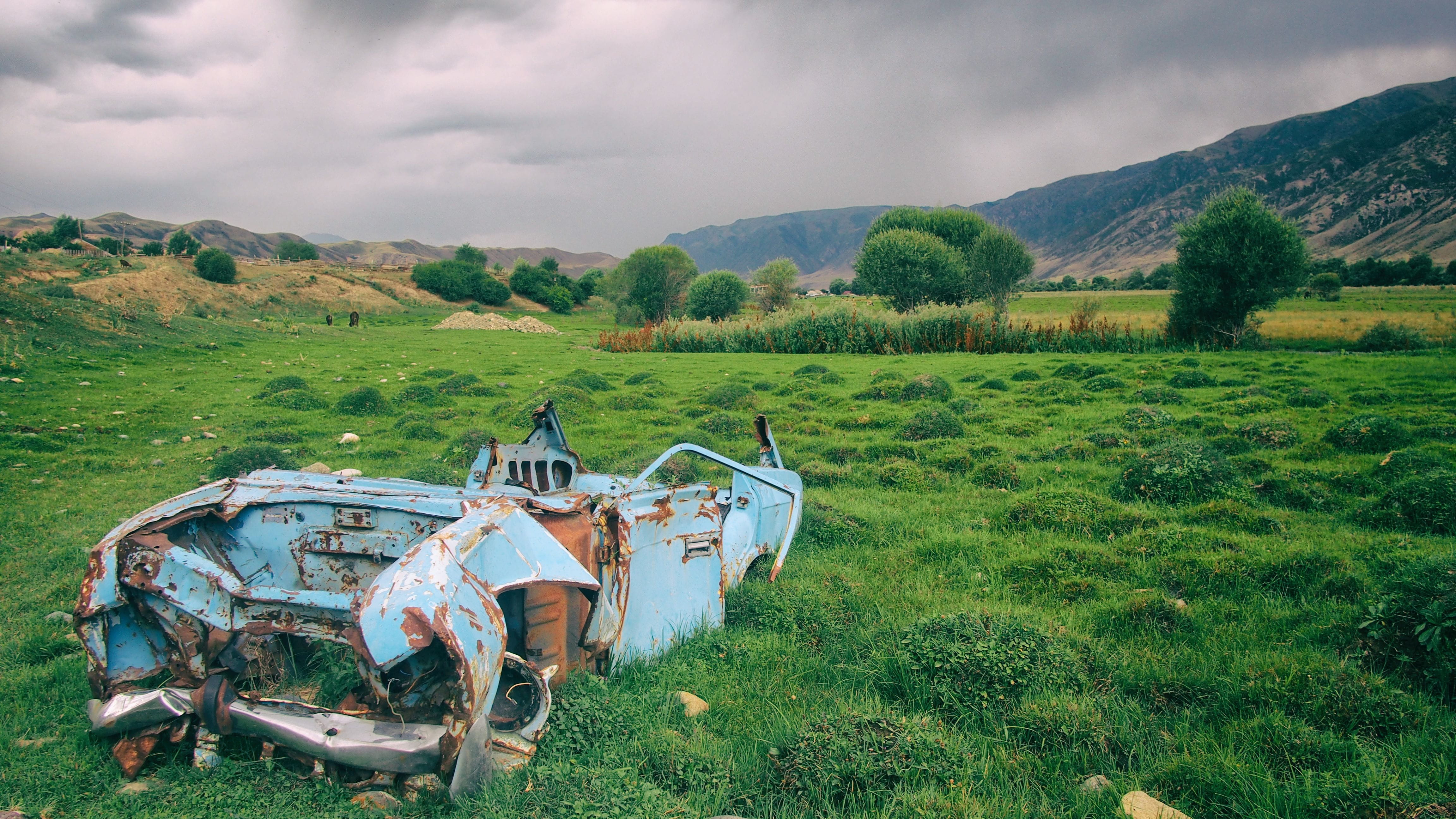 mode of transportation, transportation, car, scenics - nature, day, wreckage, environment, abandoned, rural scene, green color, 4K, land, landscape, grass, HD Wallpaper